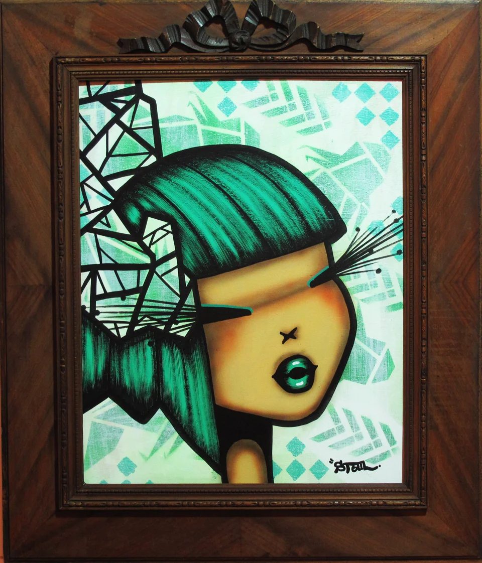 “Abstract bibi koi green” Acrylic on wood 56 x 68 cm (wooden frame) 2013