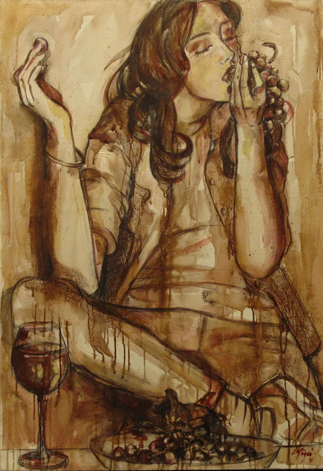 “The Tasting” Wine on Canvas Wine used: Barbera + Negramaro 70 x 100 cm 2011 