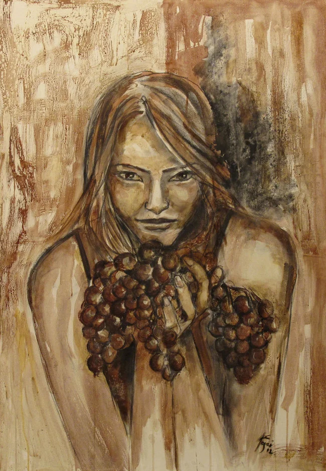 “The Offer” Wine on Canvas Wine used: Sangiovese + Cabernet + Shyrah 70 x 100 cm 2011