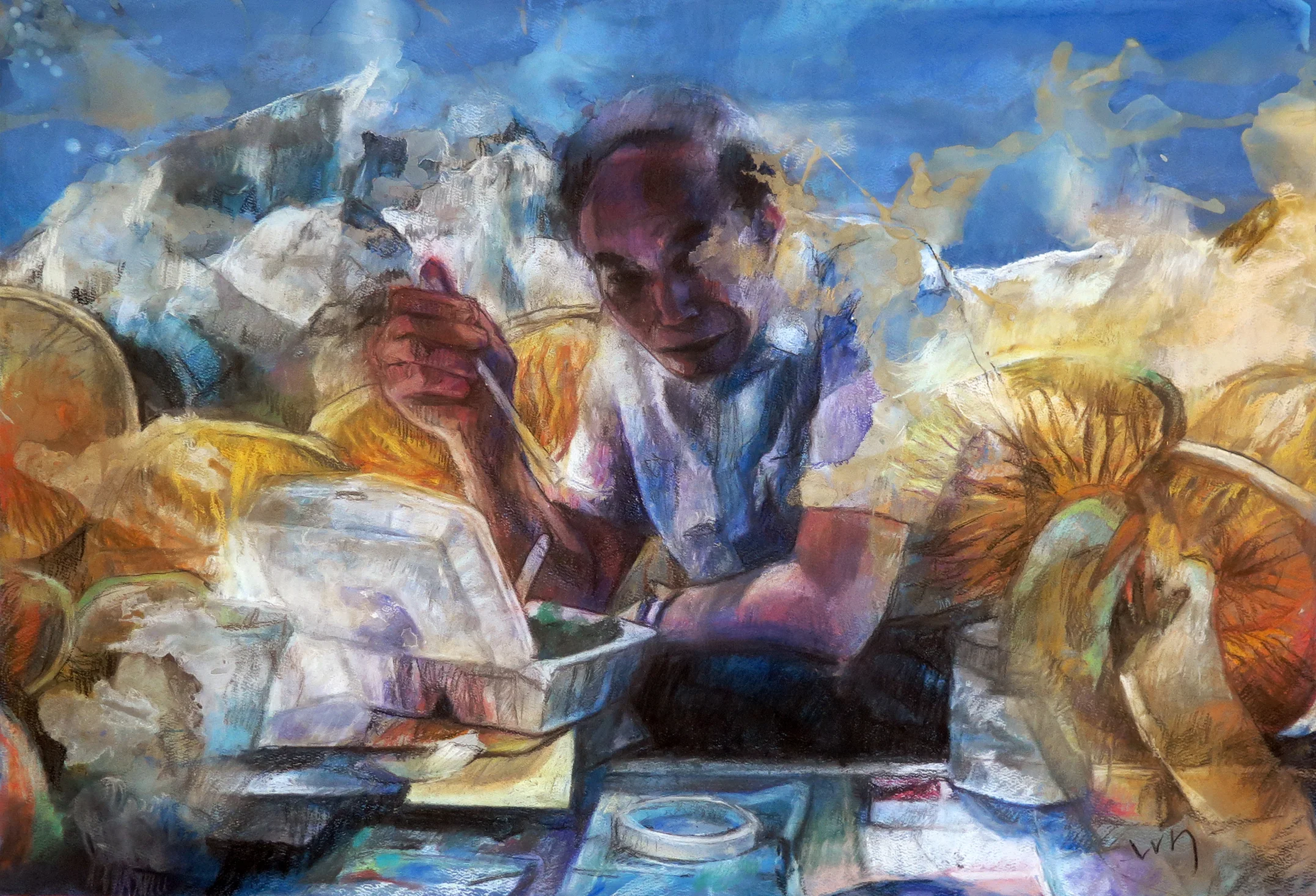 “I know a great desk where we can have lunch today” Pastel/Watercolor on paper 76 x 51 cm (unframed) / 77 x 55 cm (framed) 2015