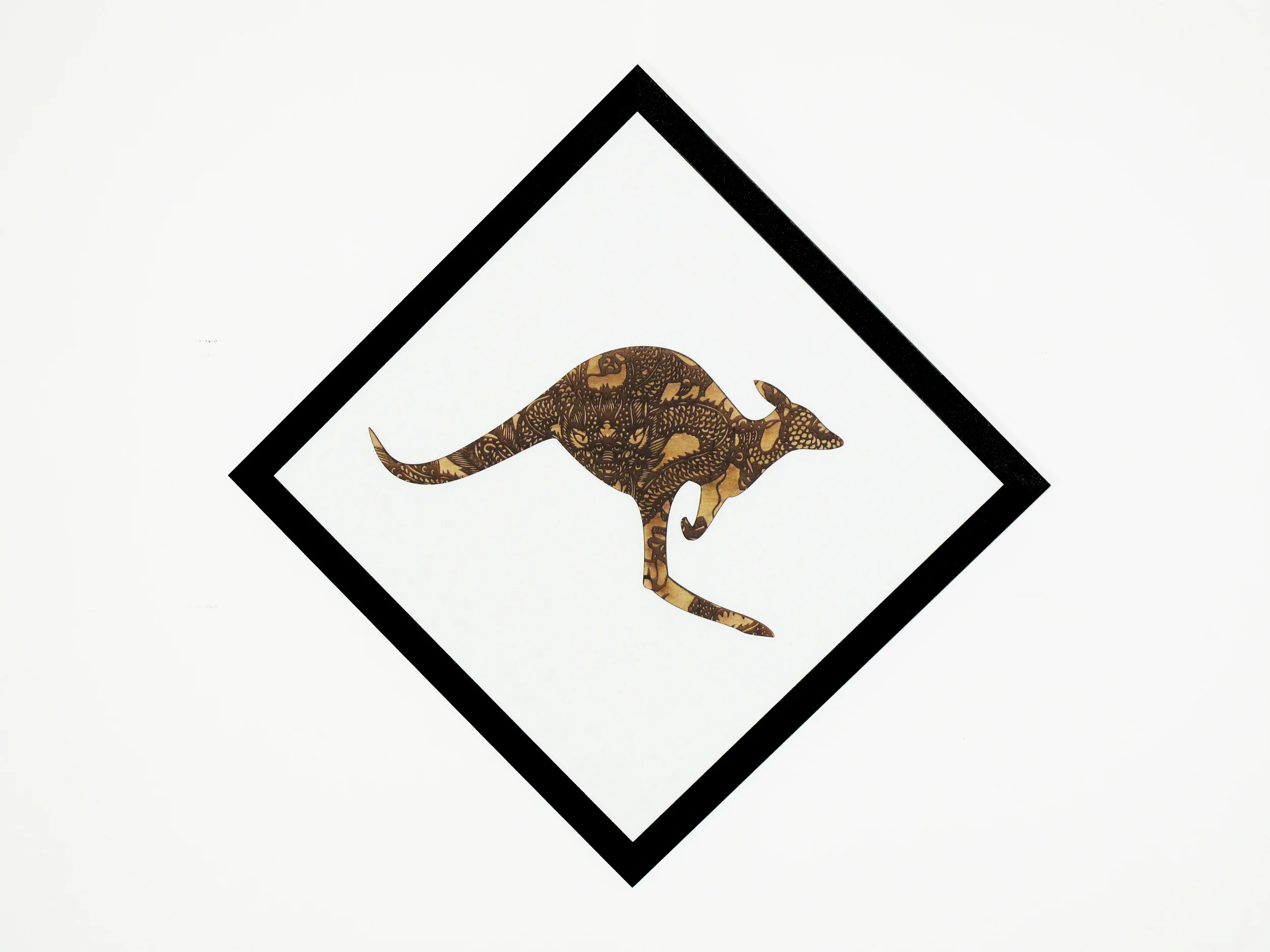 “Dragonaroo 2” Laser Cut Timber on Canvas 2015 53 cm x 53 cm