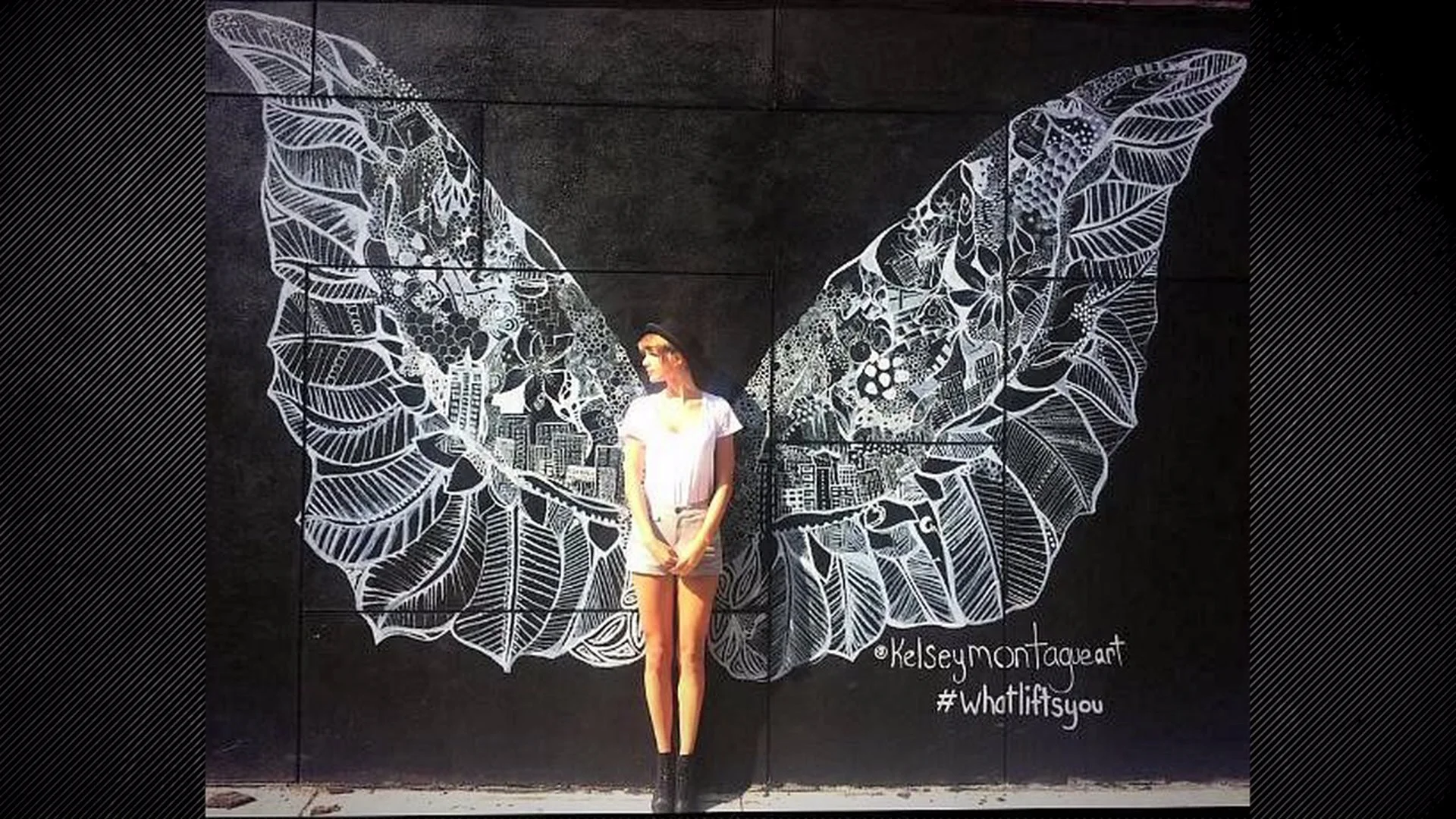 Famous American singer-songwriter Taylor Swift in front of one of Kelsey Montague's wings murals in New York City. Taylor Swift posted this image on her own Instagram and got 900,000 Likes so far.