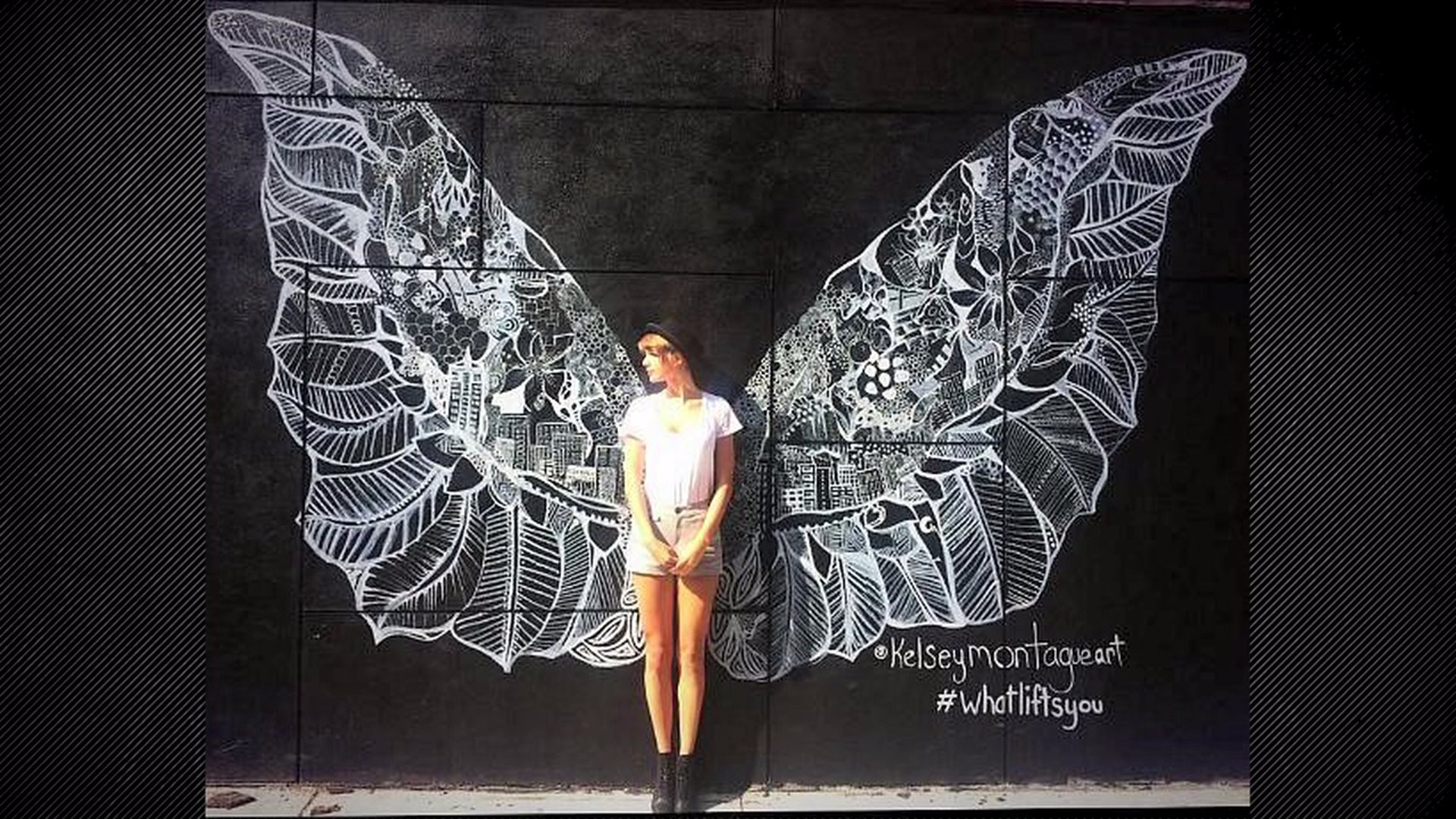 Famous American singer-songwriter Taylor Swift in front of one of Kesley Montague's wings murals in New York City. Taylor Swift posted this image on her own instagram and got 900,000 Likes so far.