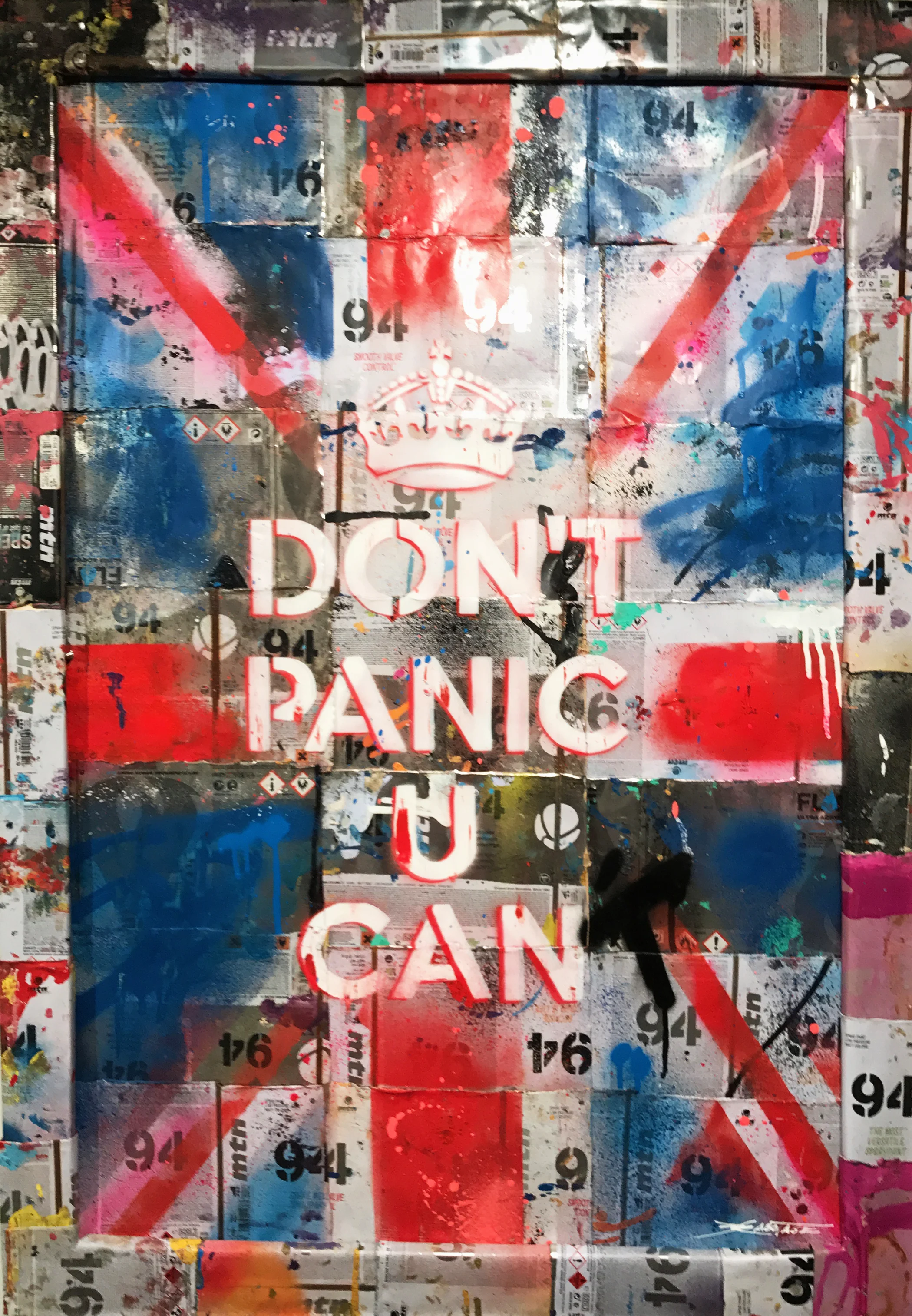 “Patriotic Panic” Stencil and Hand Spray Paint on Deconstructed Can Background 60 x 90 cm 2017