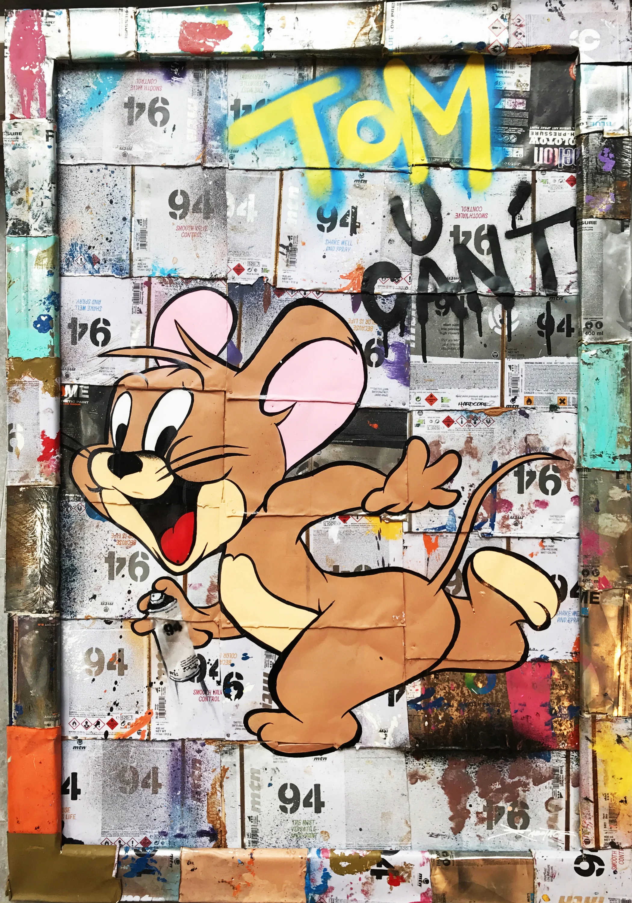 “Jerry Can” Stencil Mixed Media Spray Paint and Graffiti Markers on deconstructed Can Background 60 x 90 cm 2017