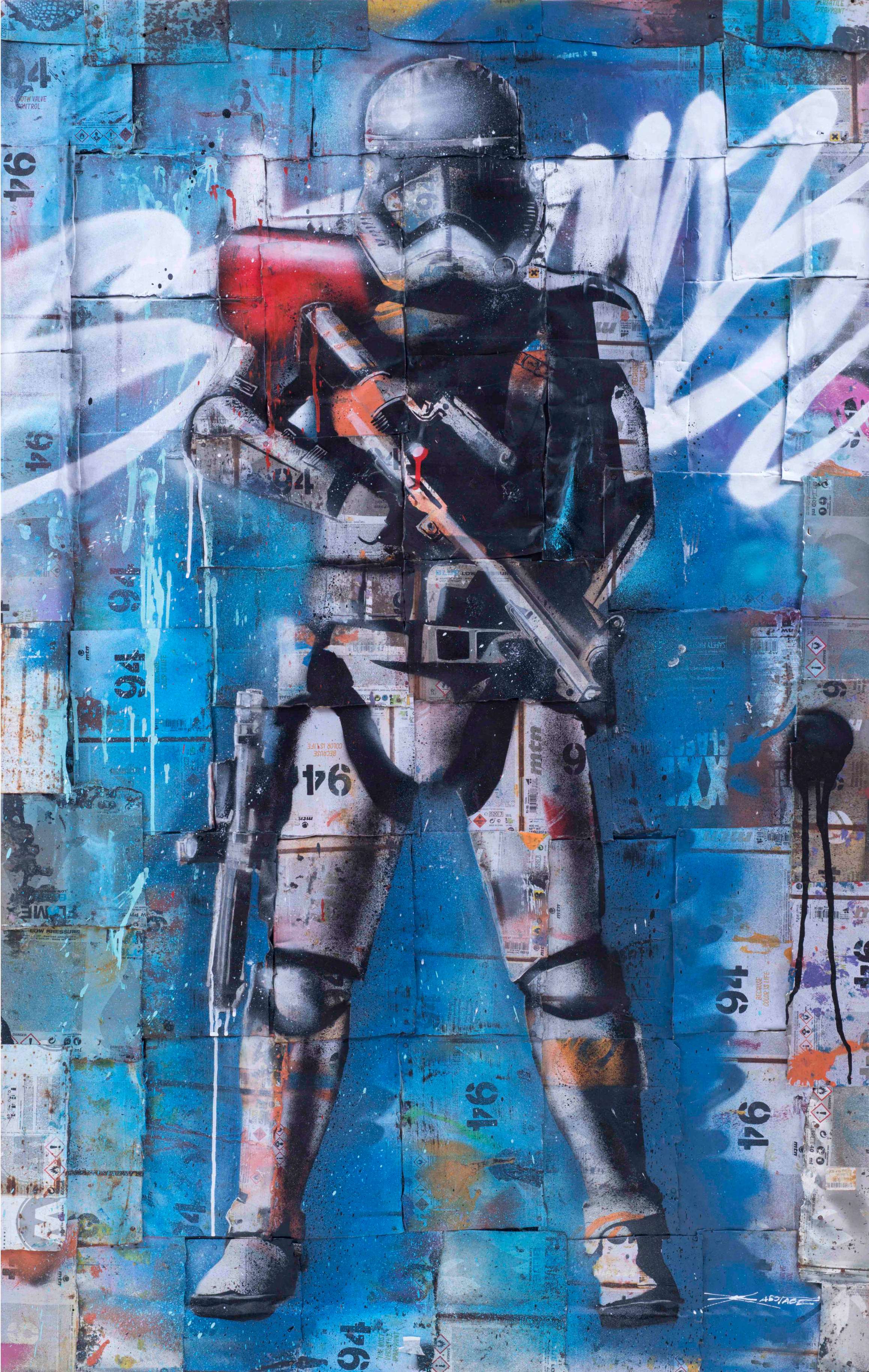 “Stormzy” Spray paint, graffiti markers, ink on the recycled spray can base 139 x 88 cm 2018