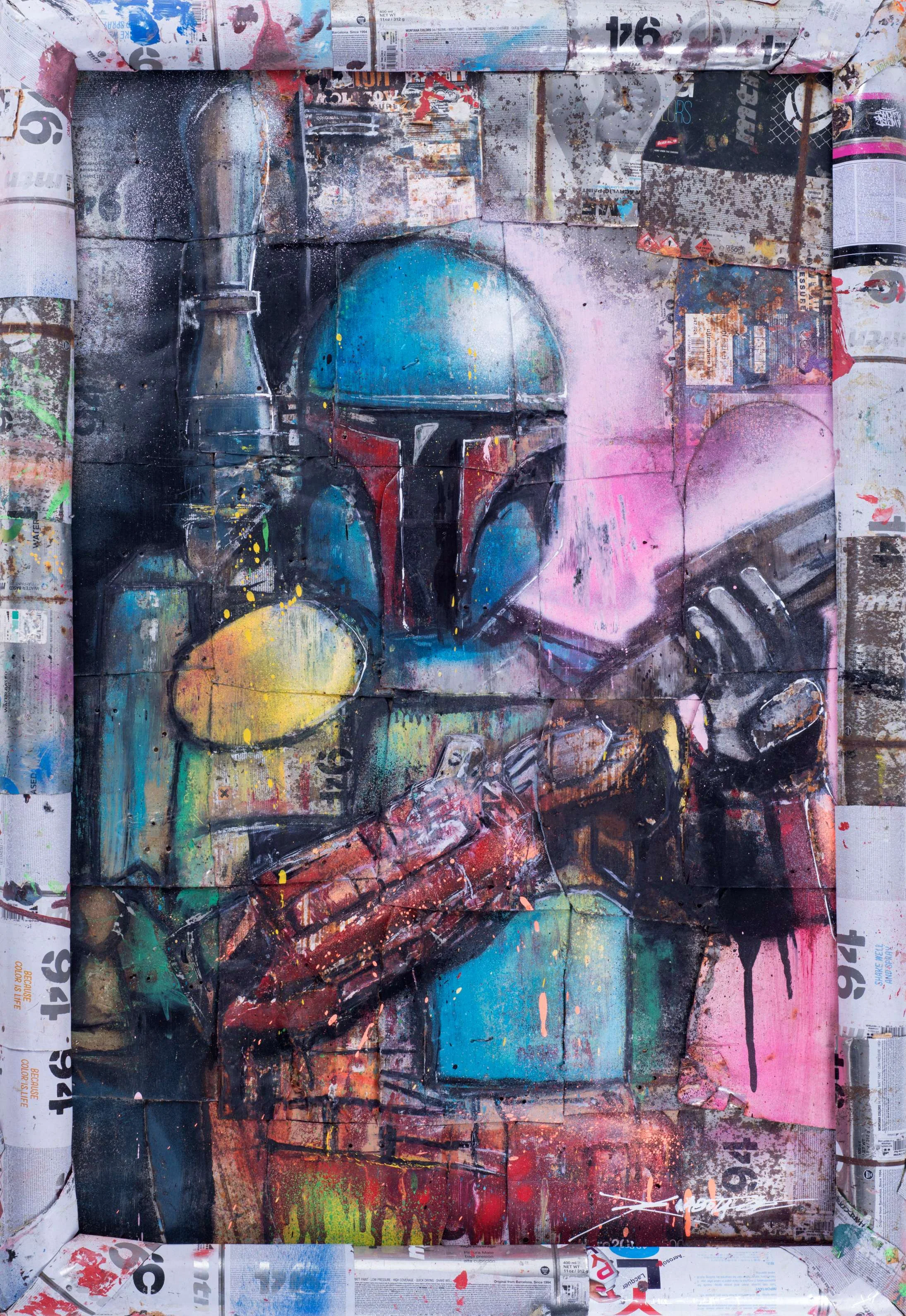 “Boba Fet” Spray paint, graffiti markers, ink on the recycled spray can base 97 x 66 cm 2018