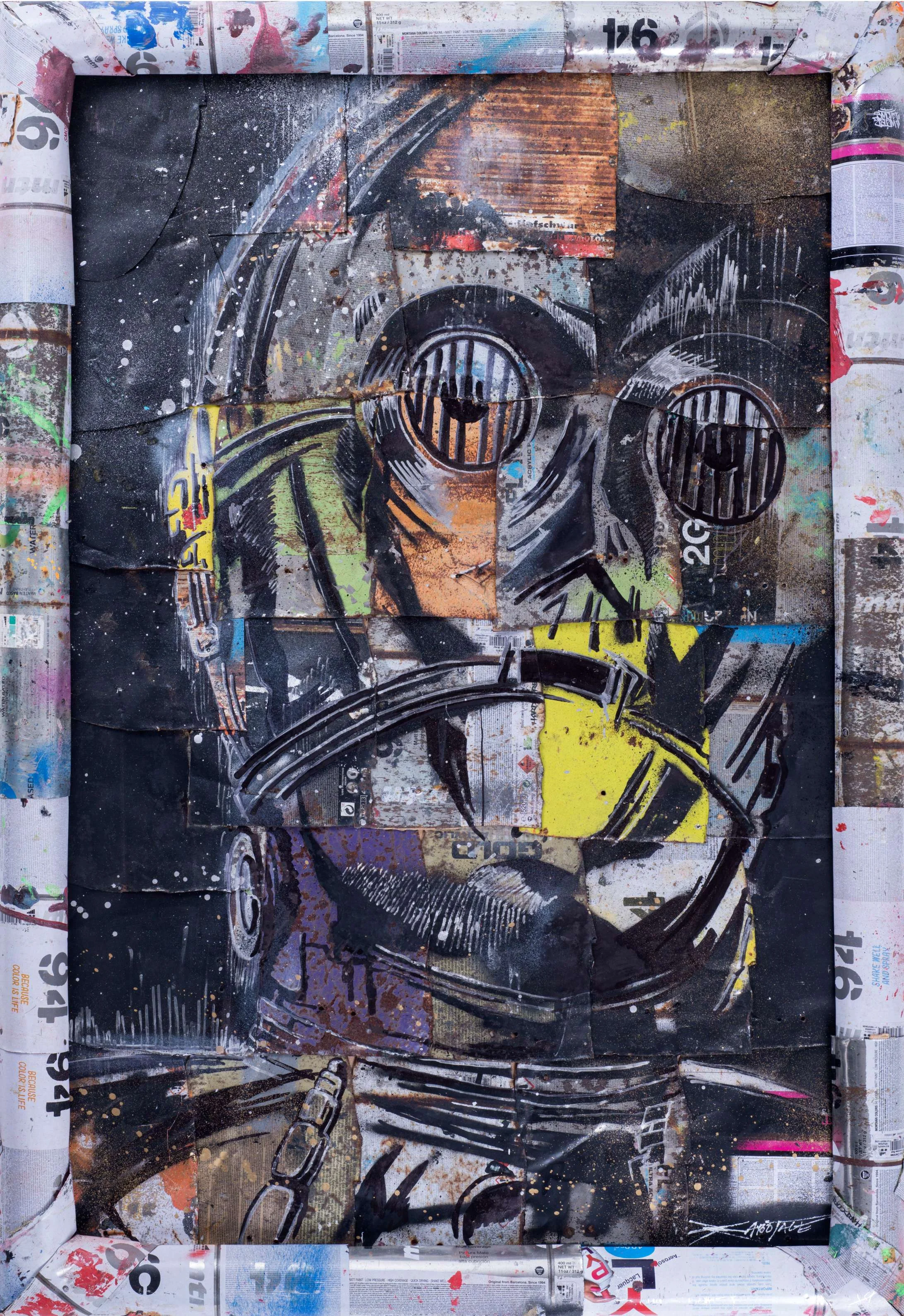 “C3PO” Spray paint, graffiti markers, ink on the recycled spray can base 96 x 66 cm 2018