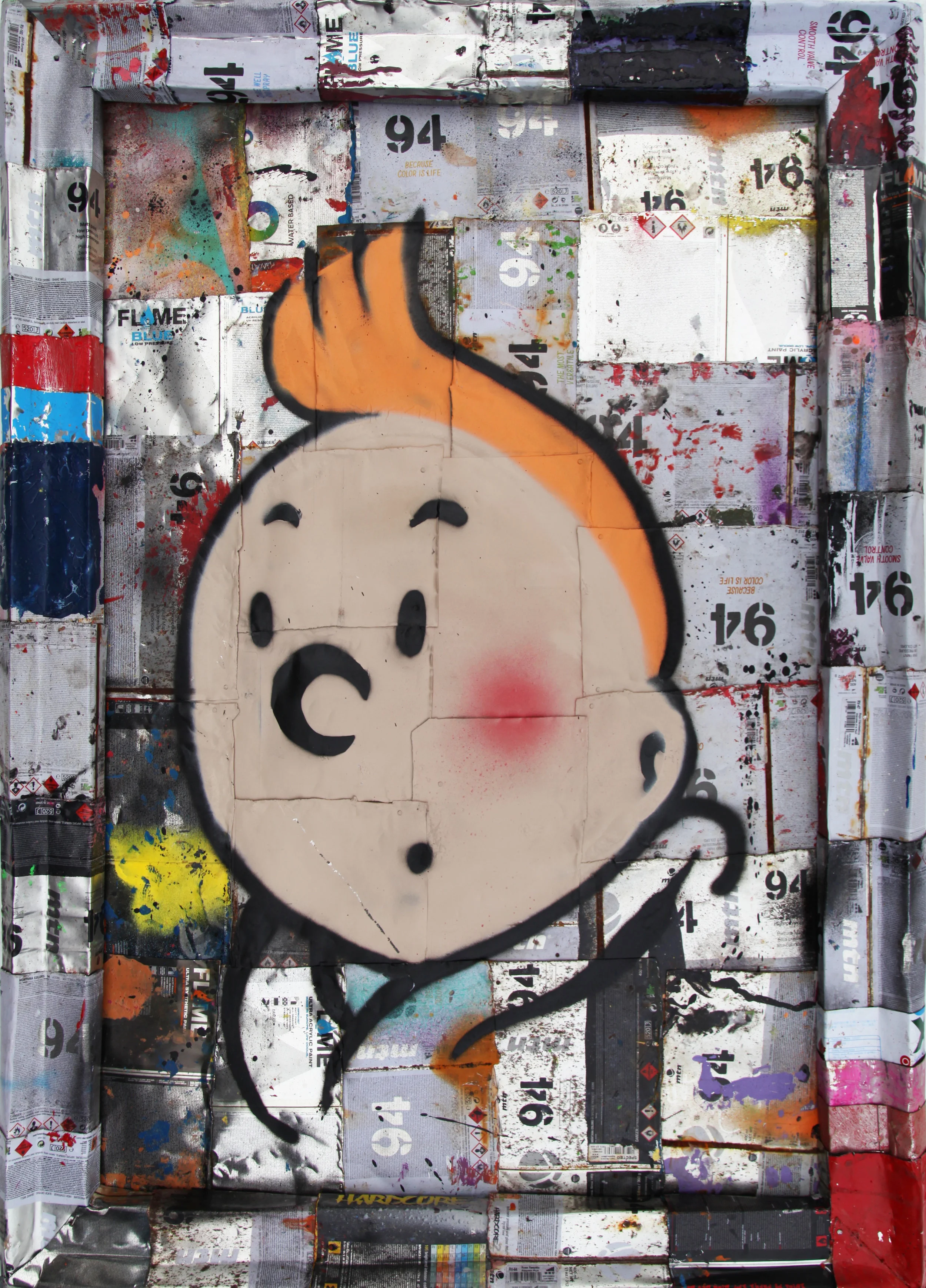 “Tin Tin 2” Stencil and Hand Spray Paint on deconstructed Can Background 60 x 90 cm 2016
