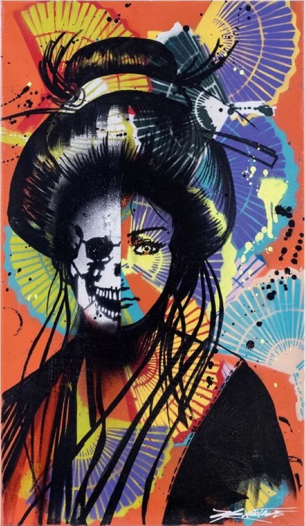 "Japanese Geisha Dreams" Spray Paint, Stencil, Graffiti Markers 35 x 61 cm 2017