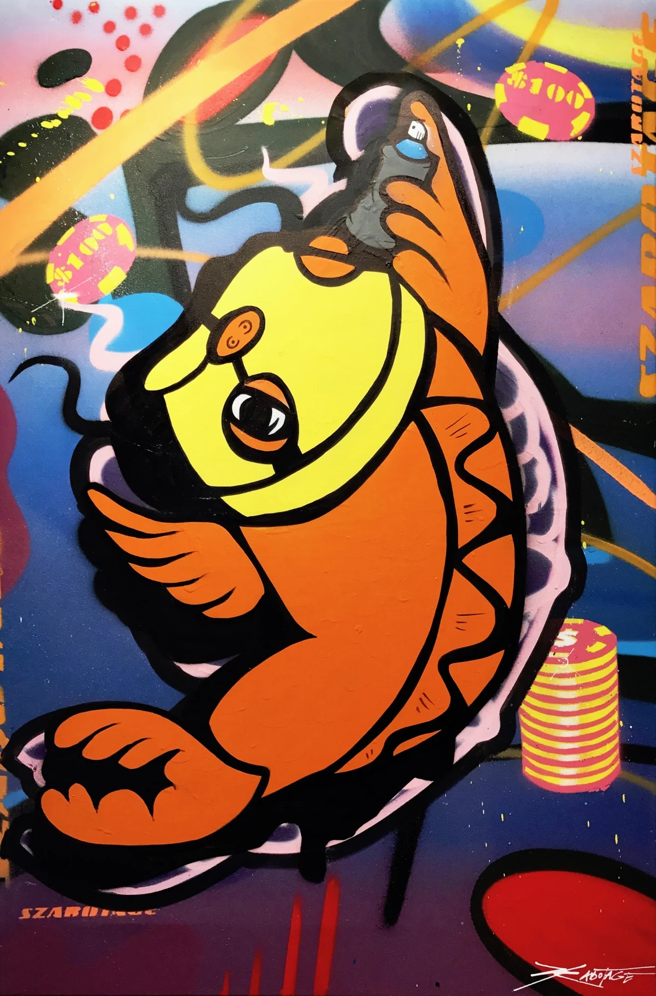 “Balaclava Koi Orange” Mixed Media Spray Paint and Graffiti Marker 60 x 90 cm 2017