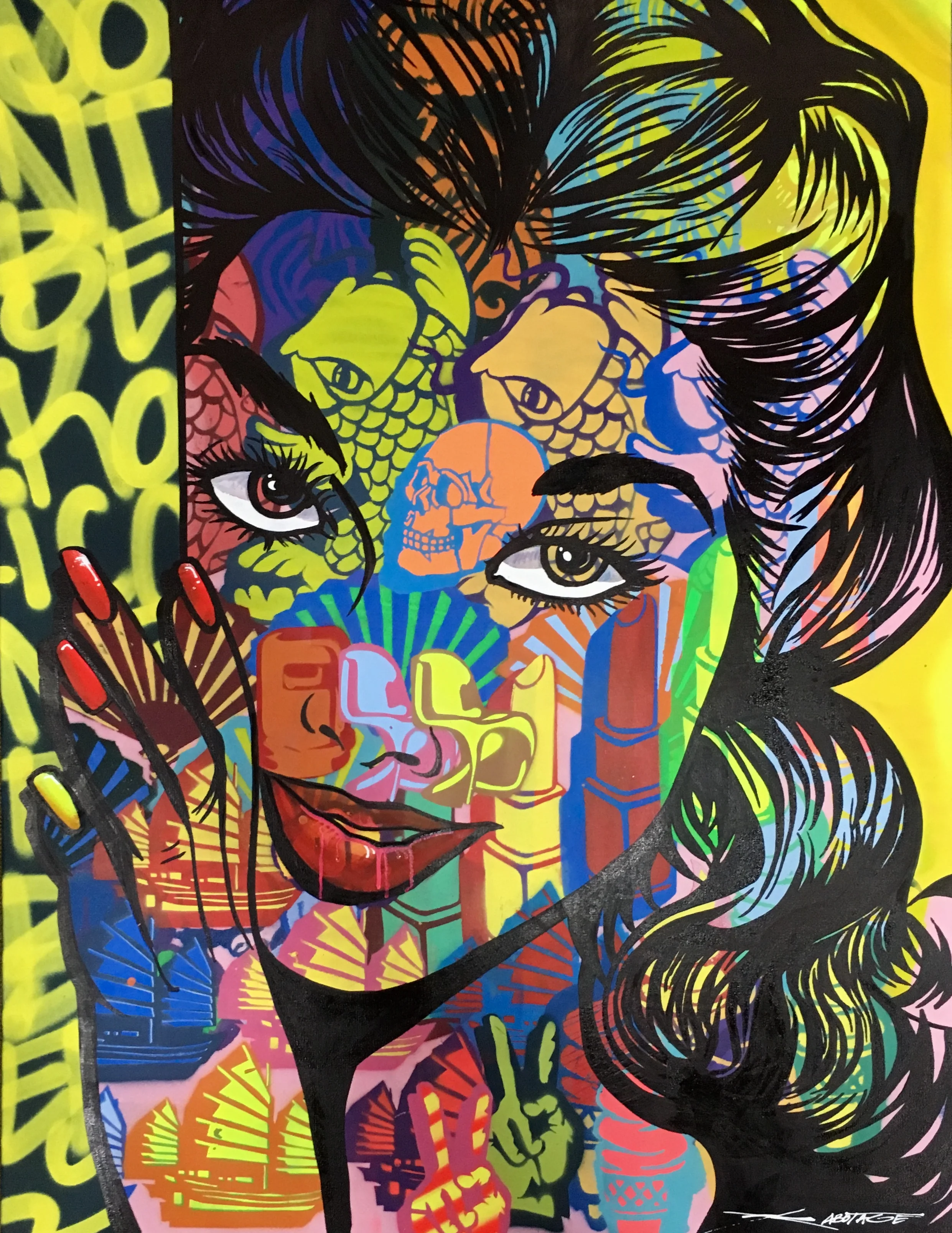 “Don’t Be Koi” Spray Paint, Stencil and Graffiti Marker 91 x 122 x 4 cm 2018