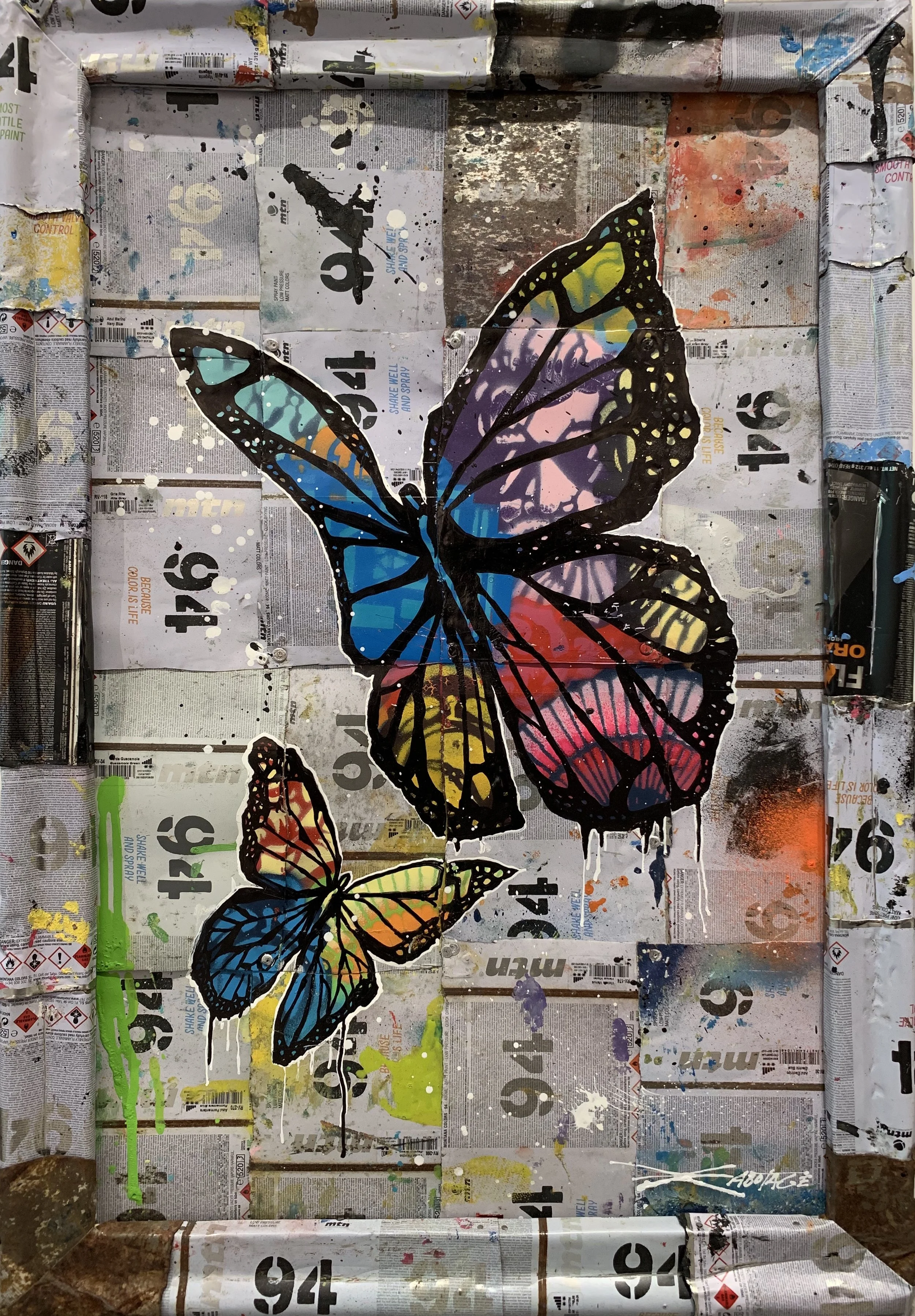 “Butterflies” Stencil Mixed Media Spray Paint and Graffiti Markers on deconstructed Can Background 78 x 54 cm 2018