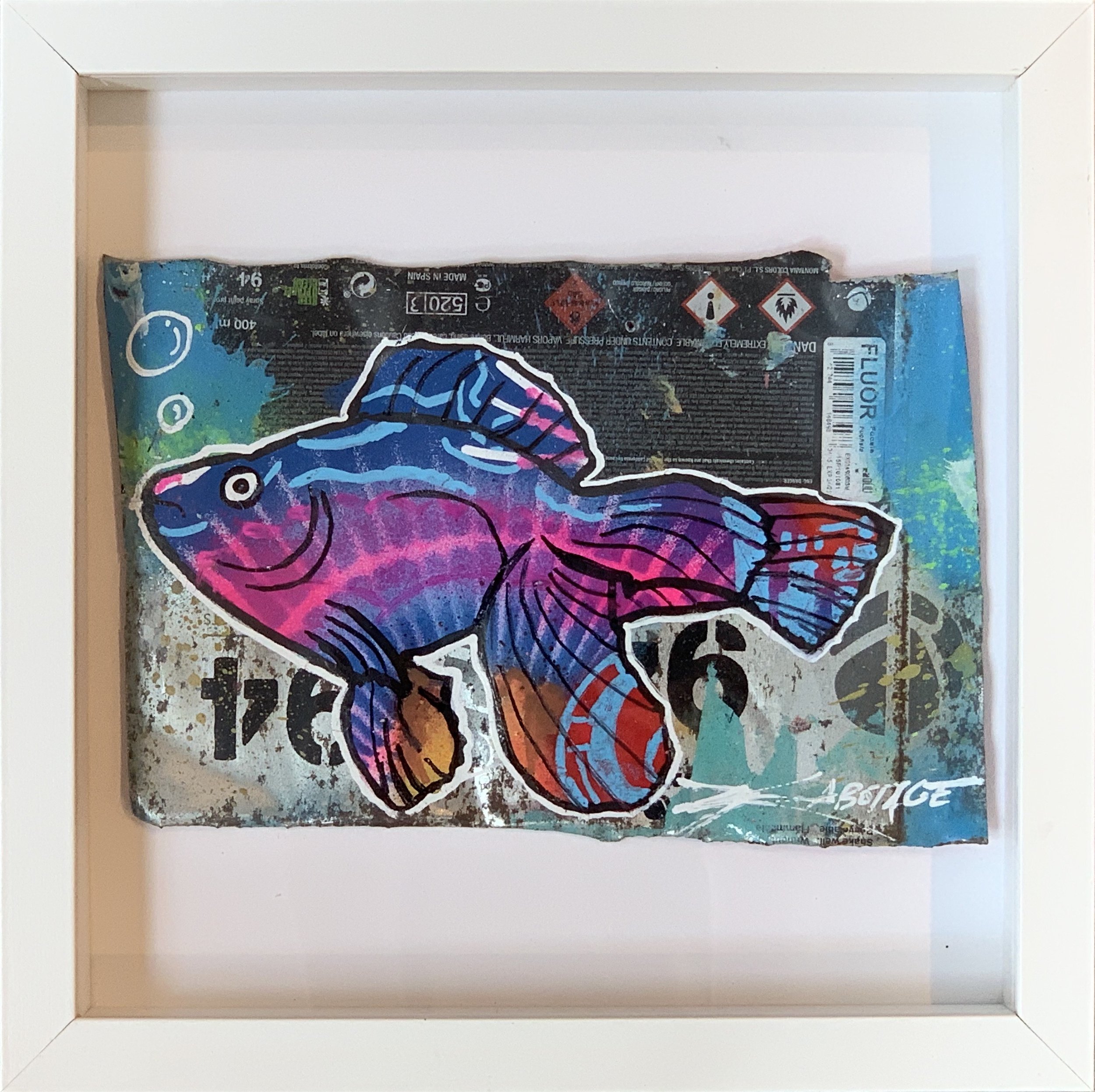 “Mini Can Can Flour Fish” Stencil Mixed Media Spray Paint and Graffiti Markers on deconstructed Can Background White Framed 26 x 26 cm 2018