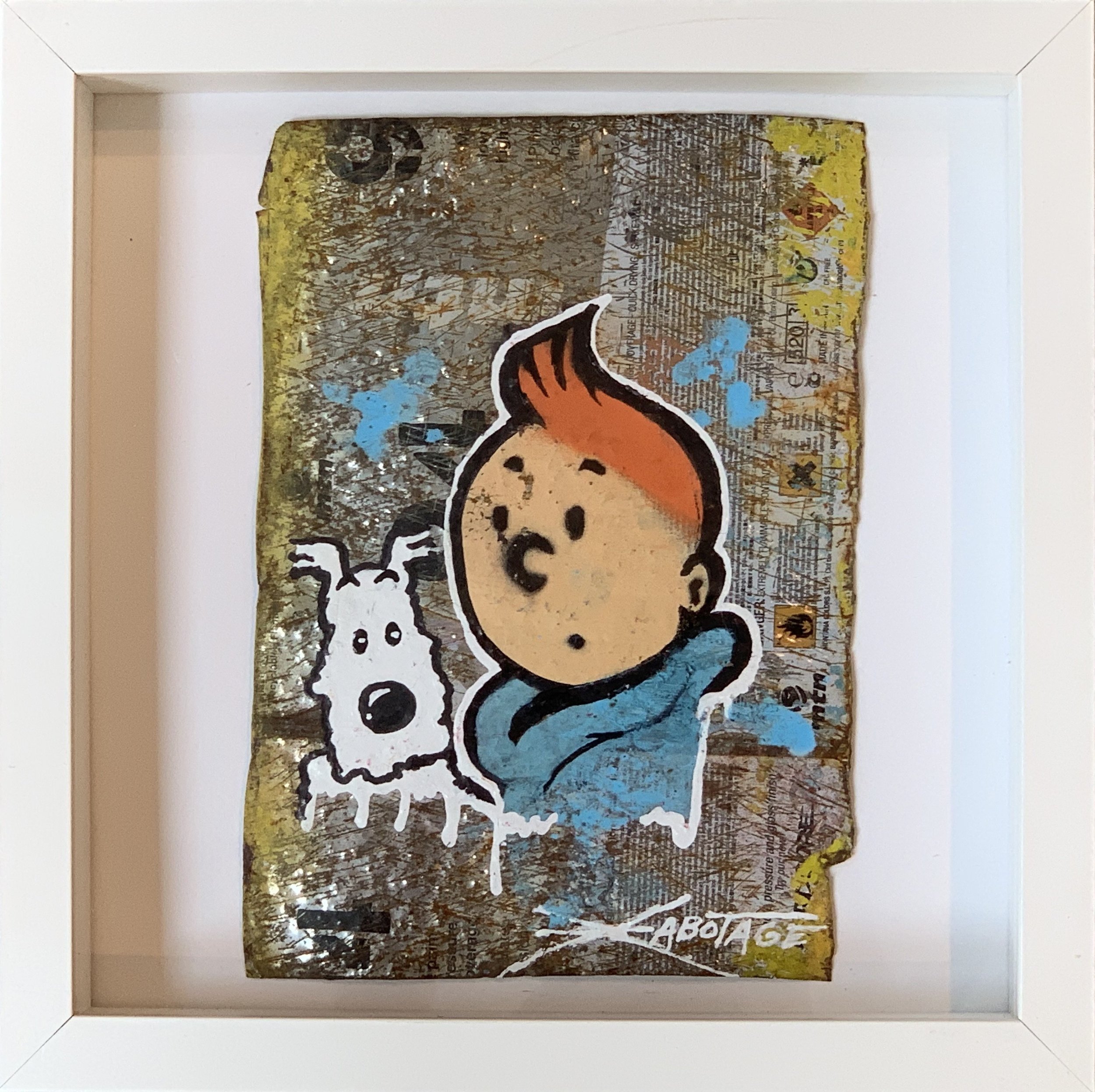 “Mini Can Can Tin Tin and Snowy” Stencil Mixed Media Spray Paint and Graffiti Markers on deconstructed Can Background Framed 26 x 26 cm 2018