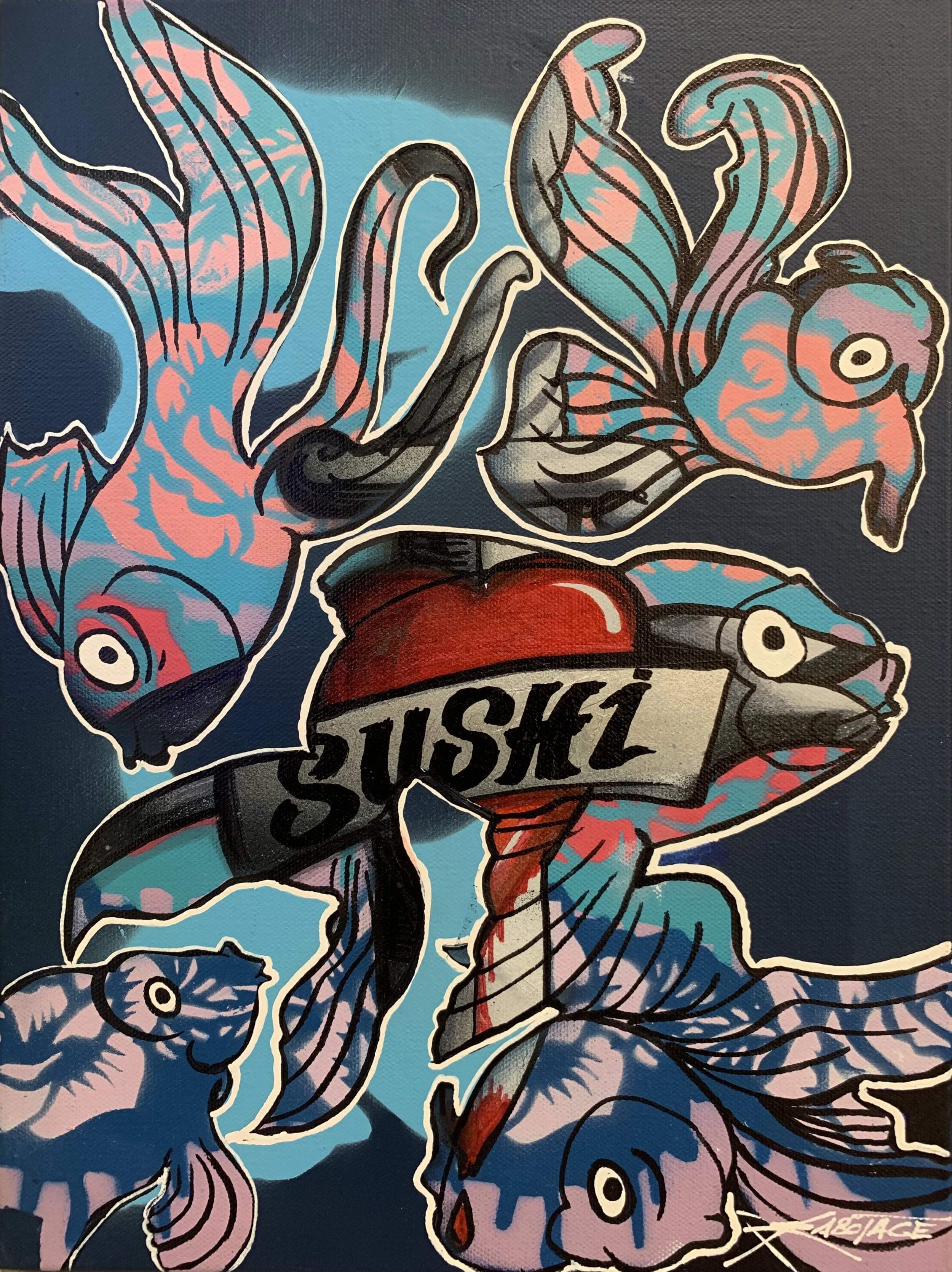 “Little Fish Sushi” Spray Paint, Stencil, Graffiti Marker and Ink 30 x 40 cm 2019