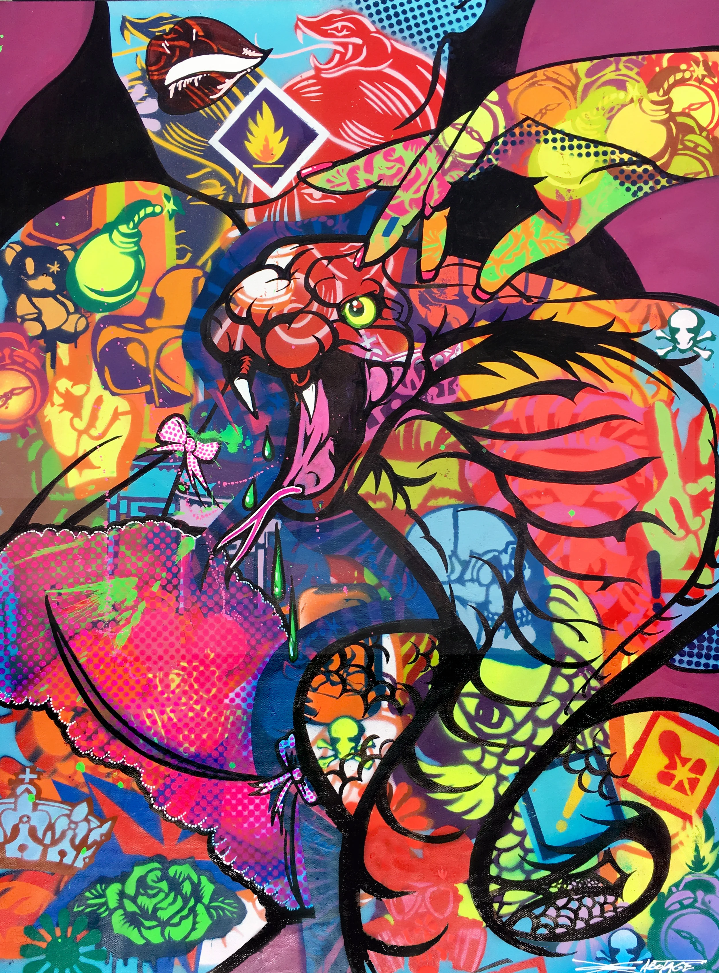 “Venomous Love Hiss Hiss” Spray paint stencil and graffiti markers 61 x 90 cm 2018