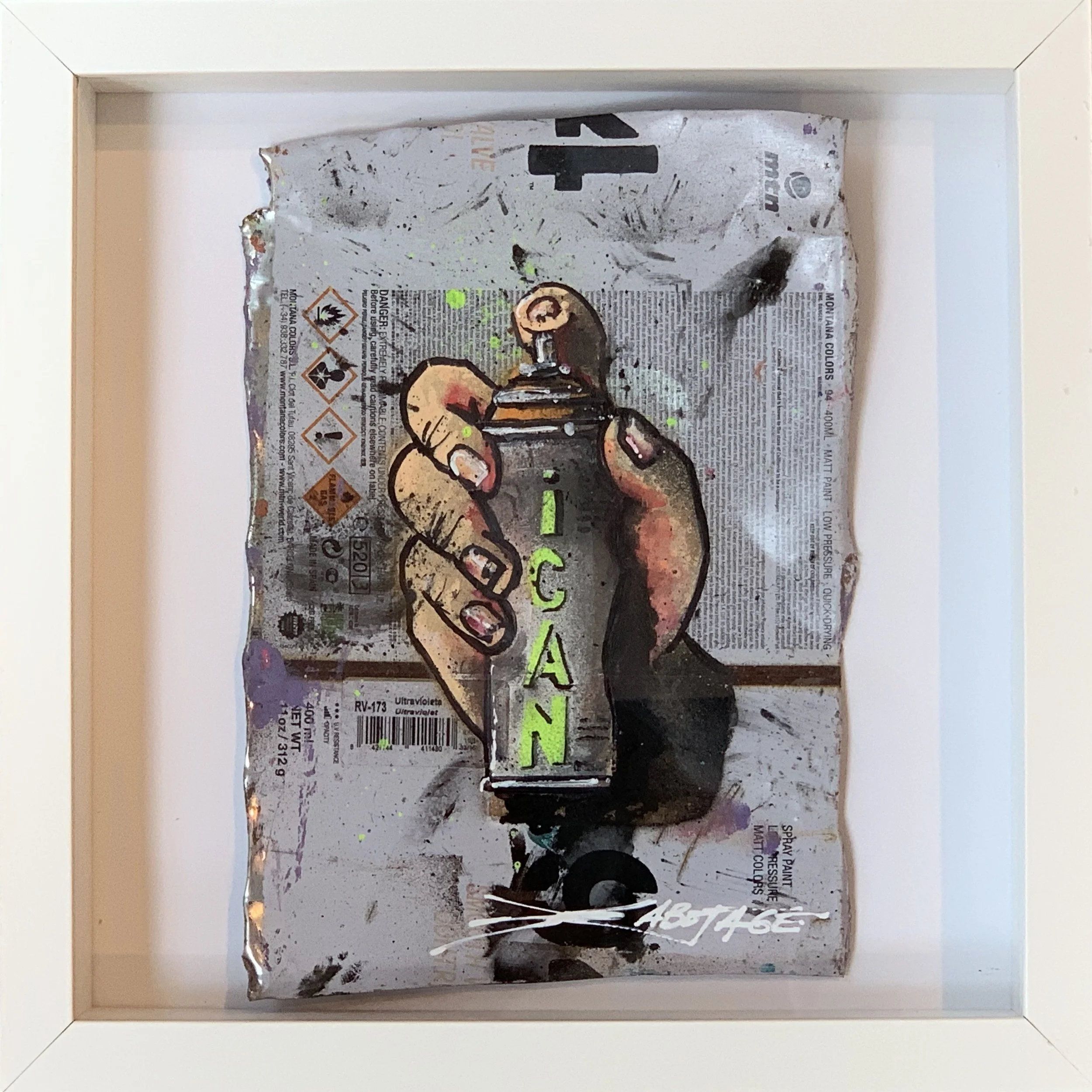 “Mini Can Can I CAN” Stencil Mixed Media Spray Paint and Graffiti Markers on deconstructed Can Background Framed 26 x 26 cm 2018