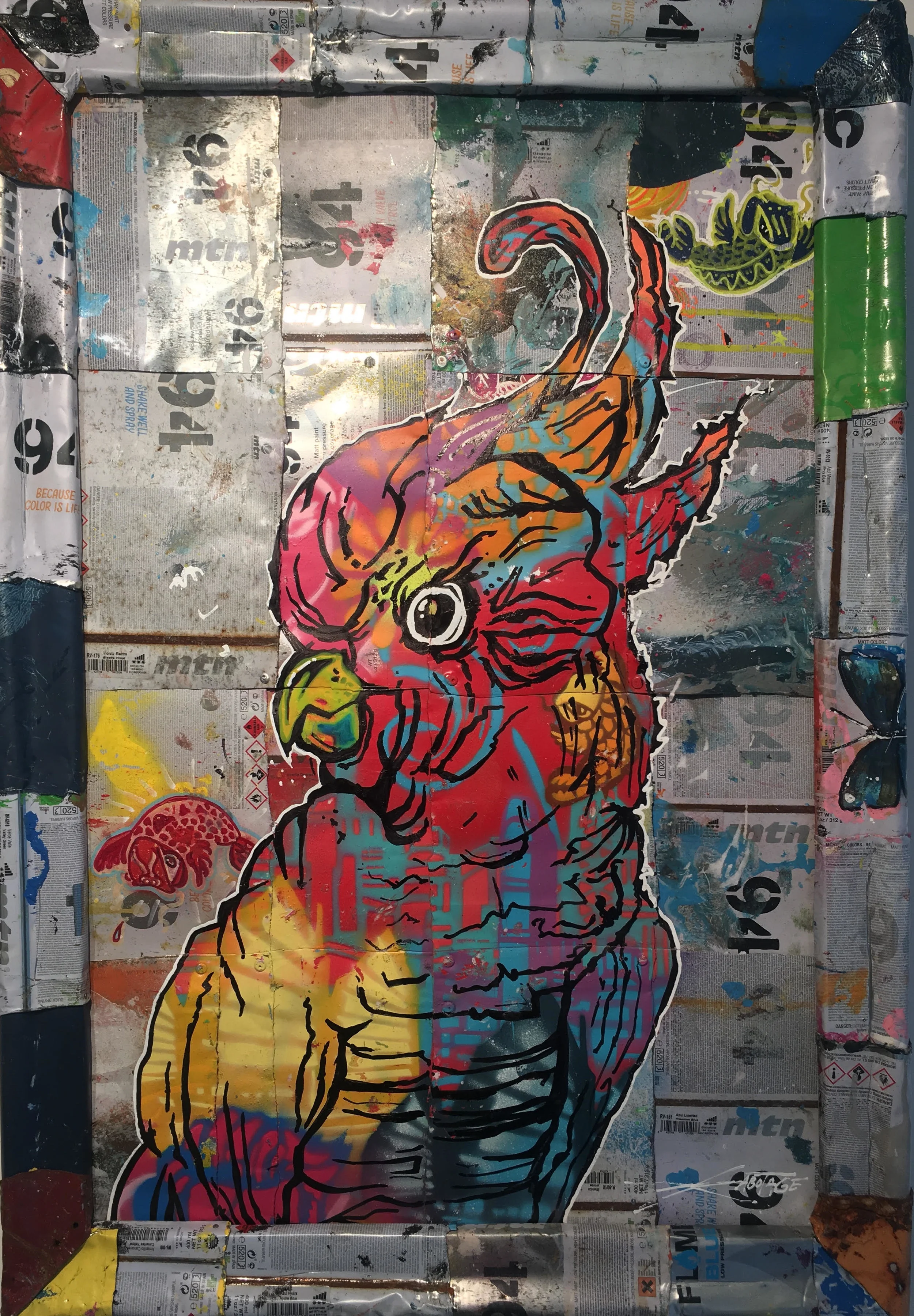 “Birdie Macaw” Stencil Mixed Media Spray Paint and Graffiti Markers on deconstructed Can Background 78 x 54 cm 2018