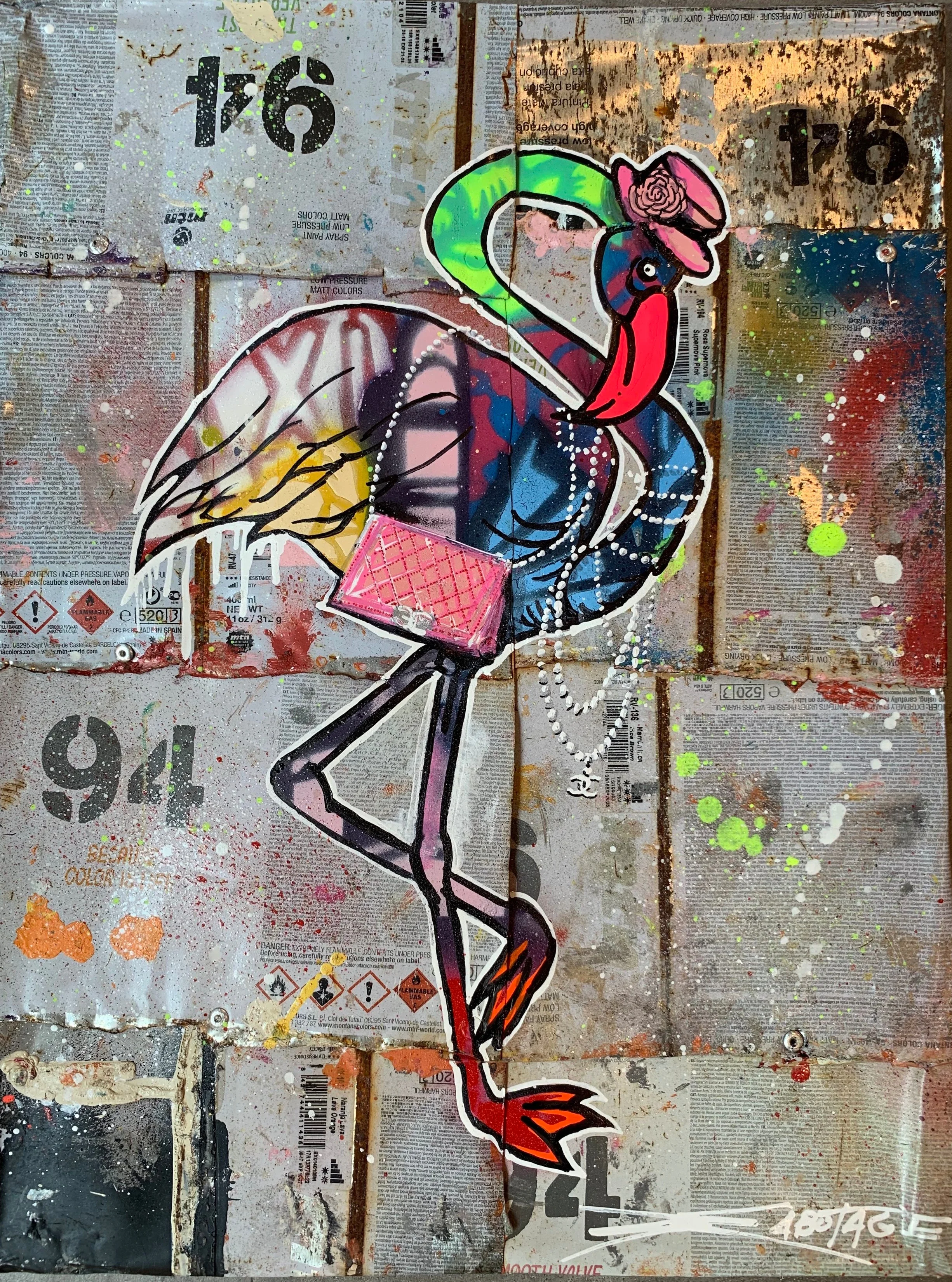 “Flamingcoco” Stencil Mixed Media Spray Paint and Graffiti Markers on deconstructed Can Background 31 x 40 cm 2019
