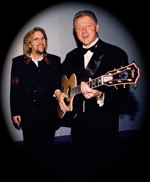 DP presents Pres. Clinton w/ custom Presidential Taylor guitar in celebration of music directing both the  '93 and '97 Arkansas Ball Inaugural events
