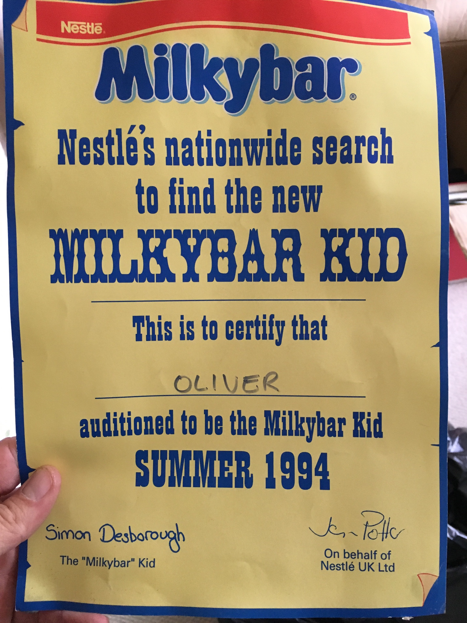 Ollie Peart's audition certificate to be the Milkybar Kid 