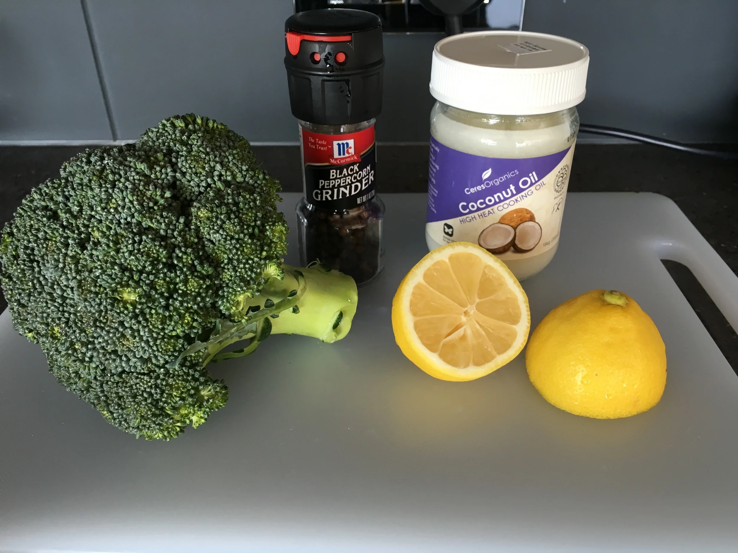 Ingredients: Fresh broccoli, lemon, fresh ground pepper, and coconut oil