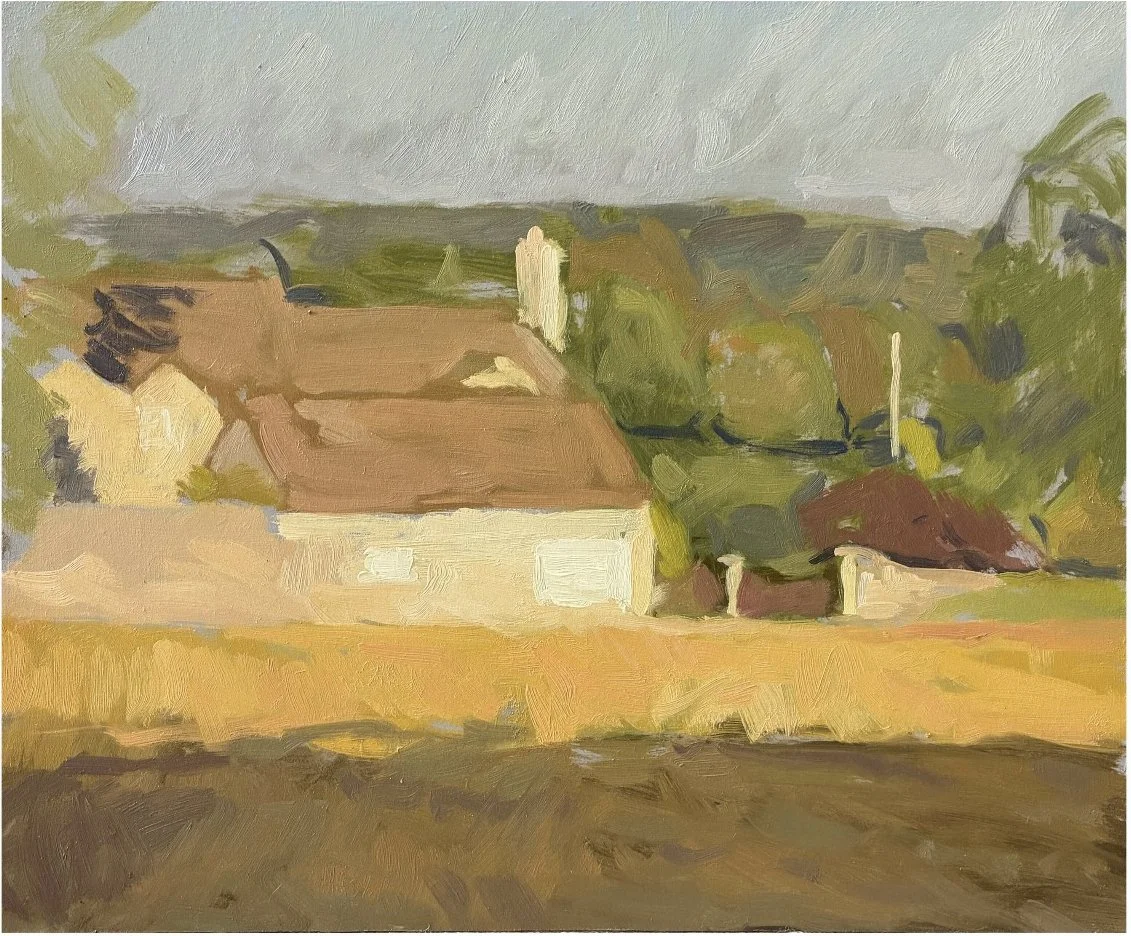 An impressionistic painting of a house with a brown roof, set in a rural landscape with trees and a gray sky.