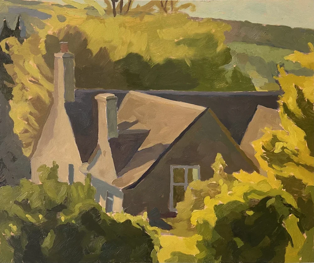 A painting of a house surrounded by lush green trees and bushes, with a view of the roof and chimneys.