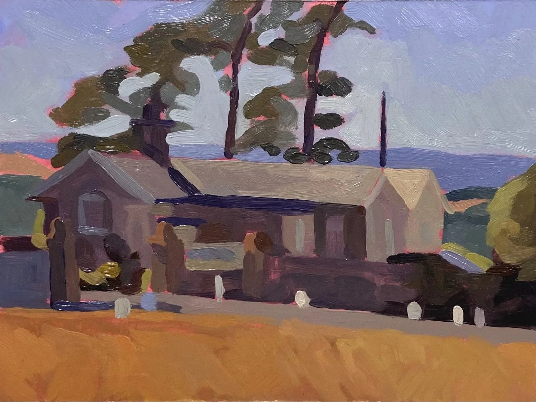 A colorful, impressionistic painting depicts a house with a porch, surrounded by trees and a landscape with hills and sky in the background. The scene includes a mix of vibrant and muted colors, blending together in a stylistic manner.