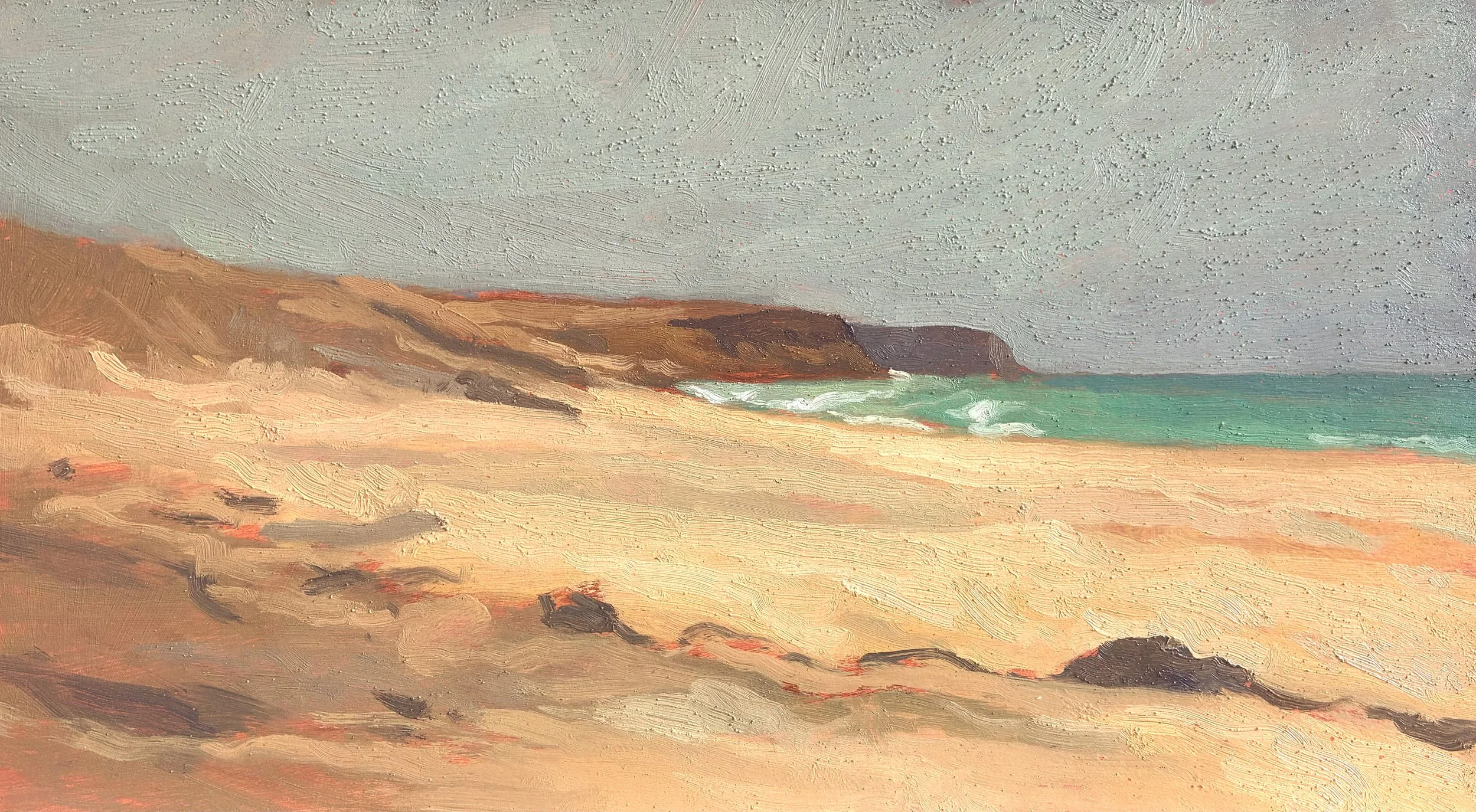 A painting of a coastal landscape with cliffs, sandy beach, and ocean waves under a gray sky.