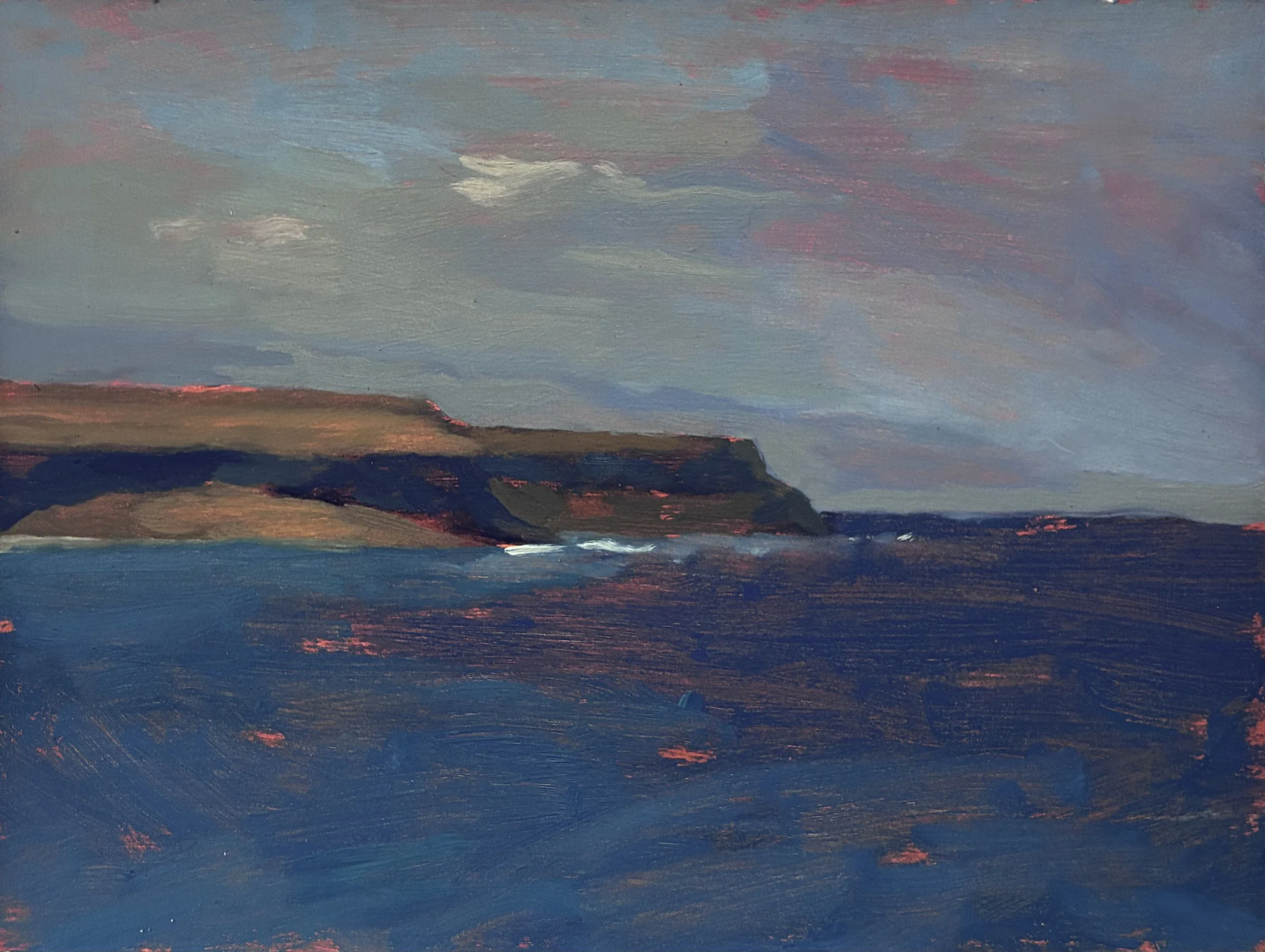 A landscape painting of a sky with shades of blue, pink, and white clouds over a dark landmass with subtle pink highlights.