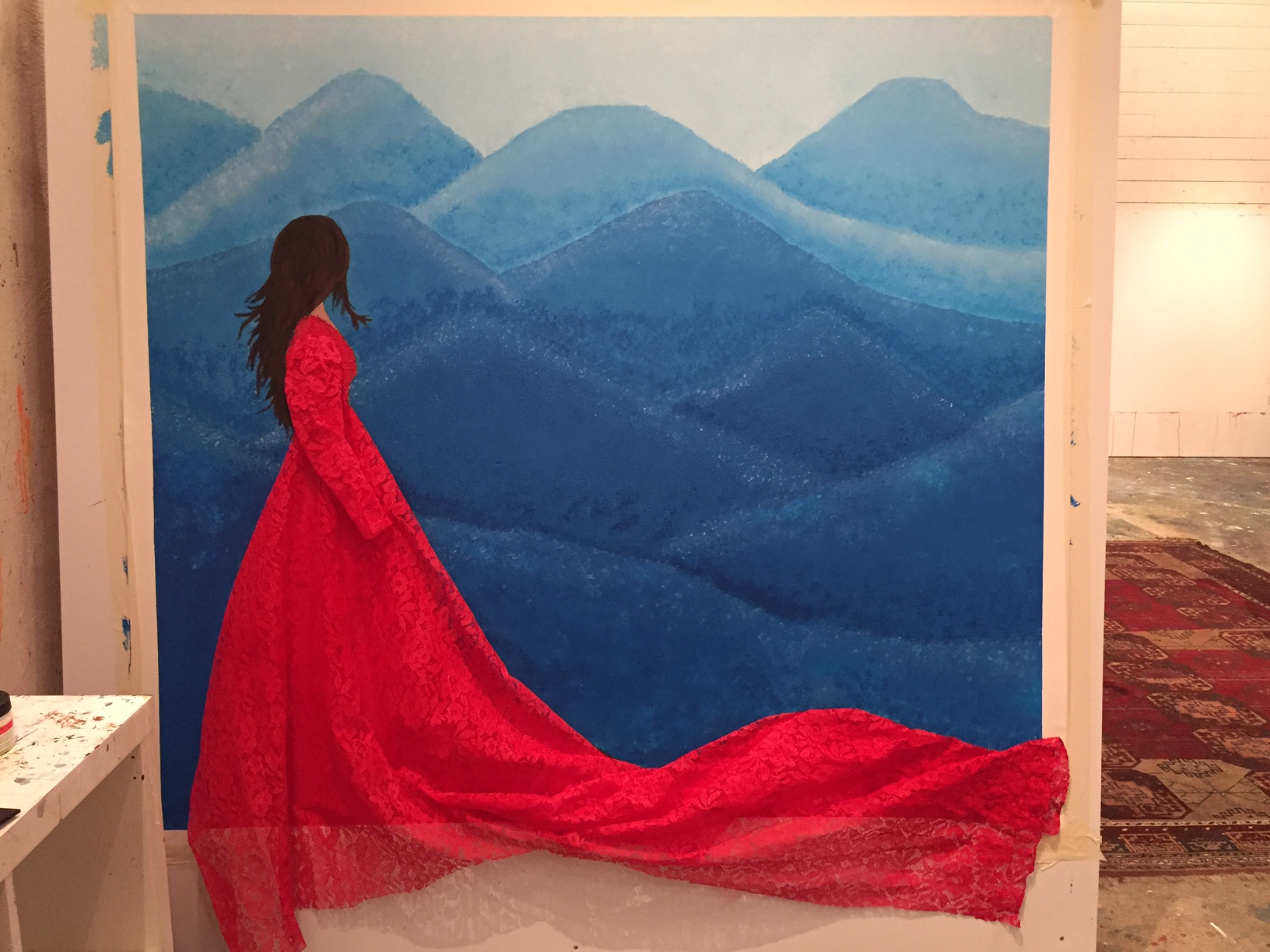 Beyond Blue, acrylic on cotton canvas, enriched with grandma´s lace curtain.