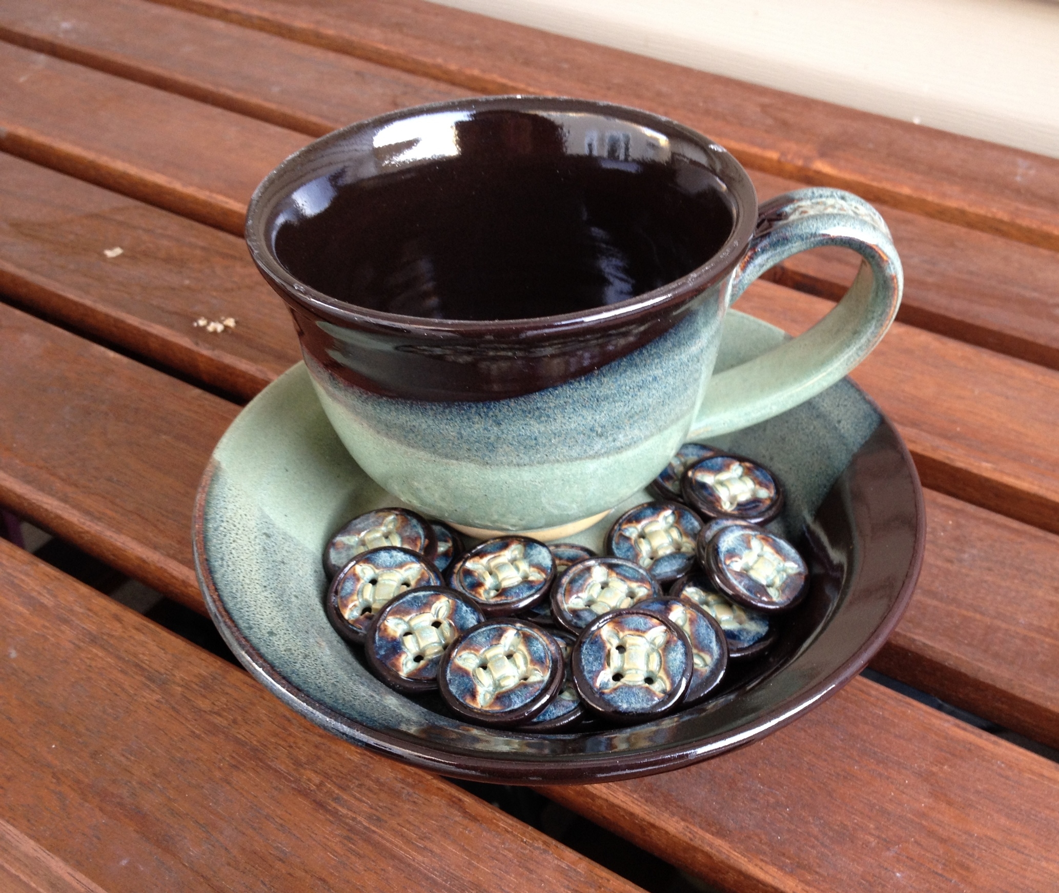 Buttons Inspired by Temmoku and Jade Green Cup and Saucer