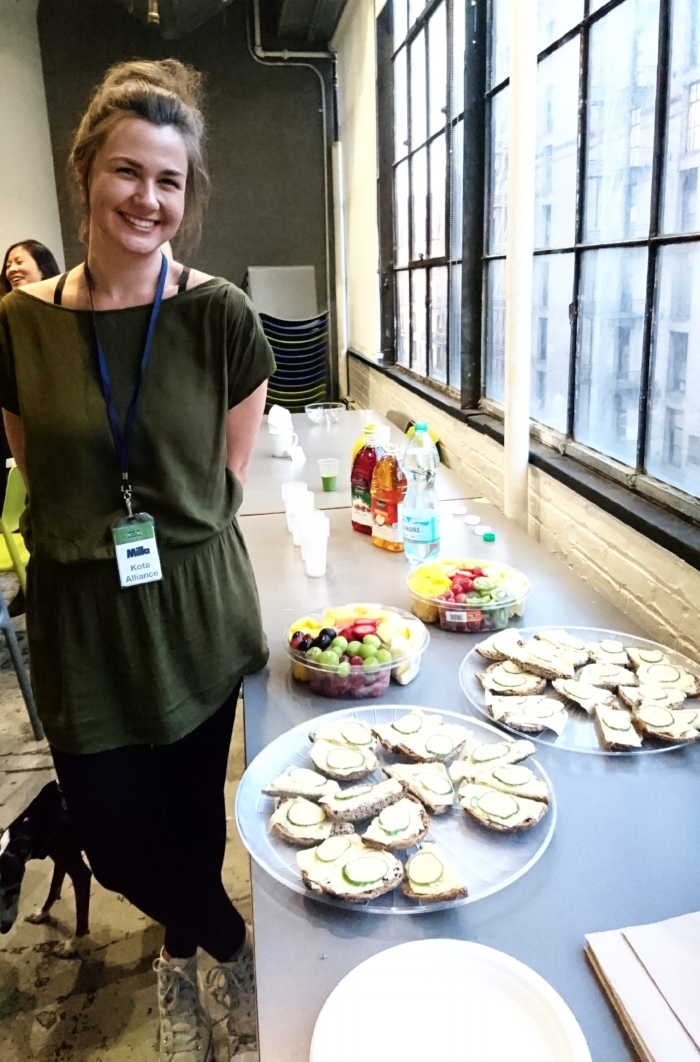 Smiling ladies, Finnish organic rye bread, fresh fruits and green smoothies