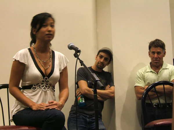Lin Manuel and Stephen Schwartz watch Marie France Arcillas