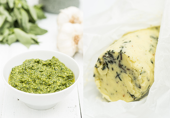 home made pesto and herby butter