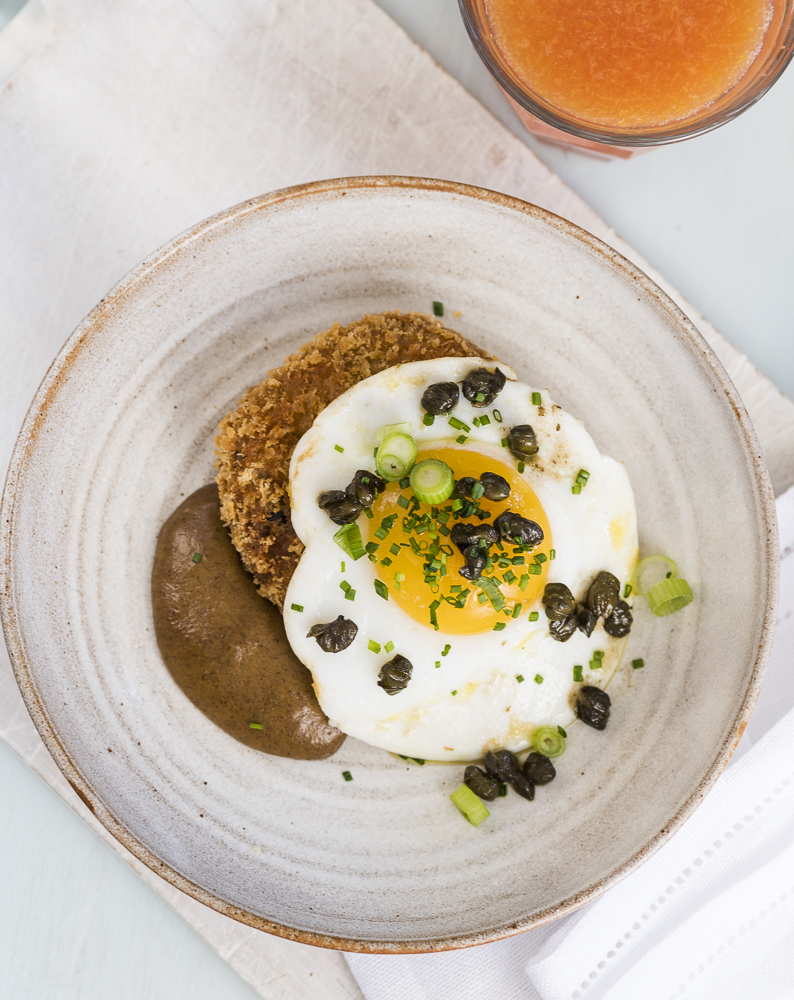 Brunch, Duck egg, Duck Hash with shallot puree, Restaurant brunch menu, food photography by Claudia Gannon