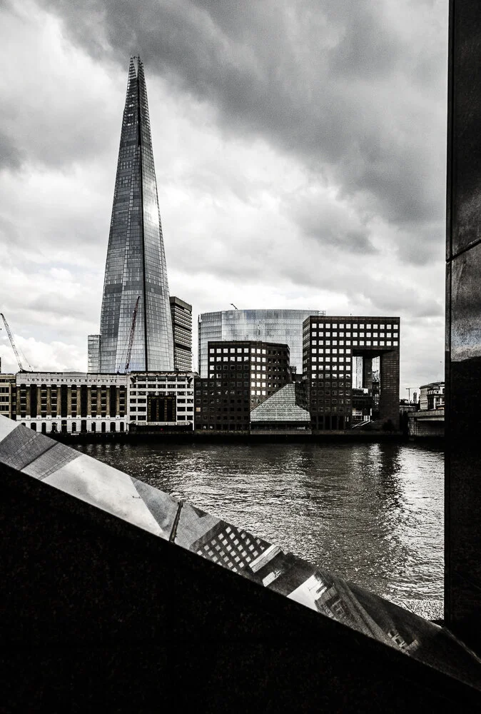 Photograph of the shard, Shard seen from the river, Thames and Shard, dark skies