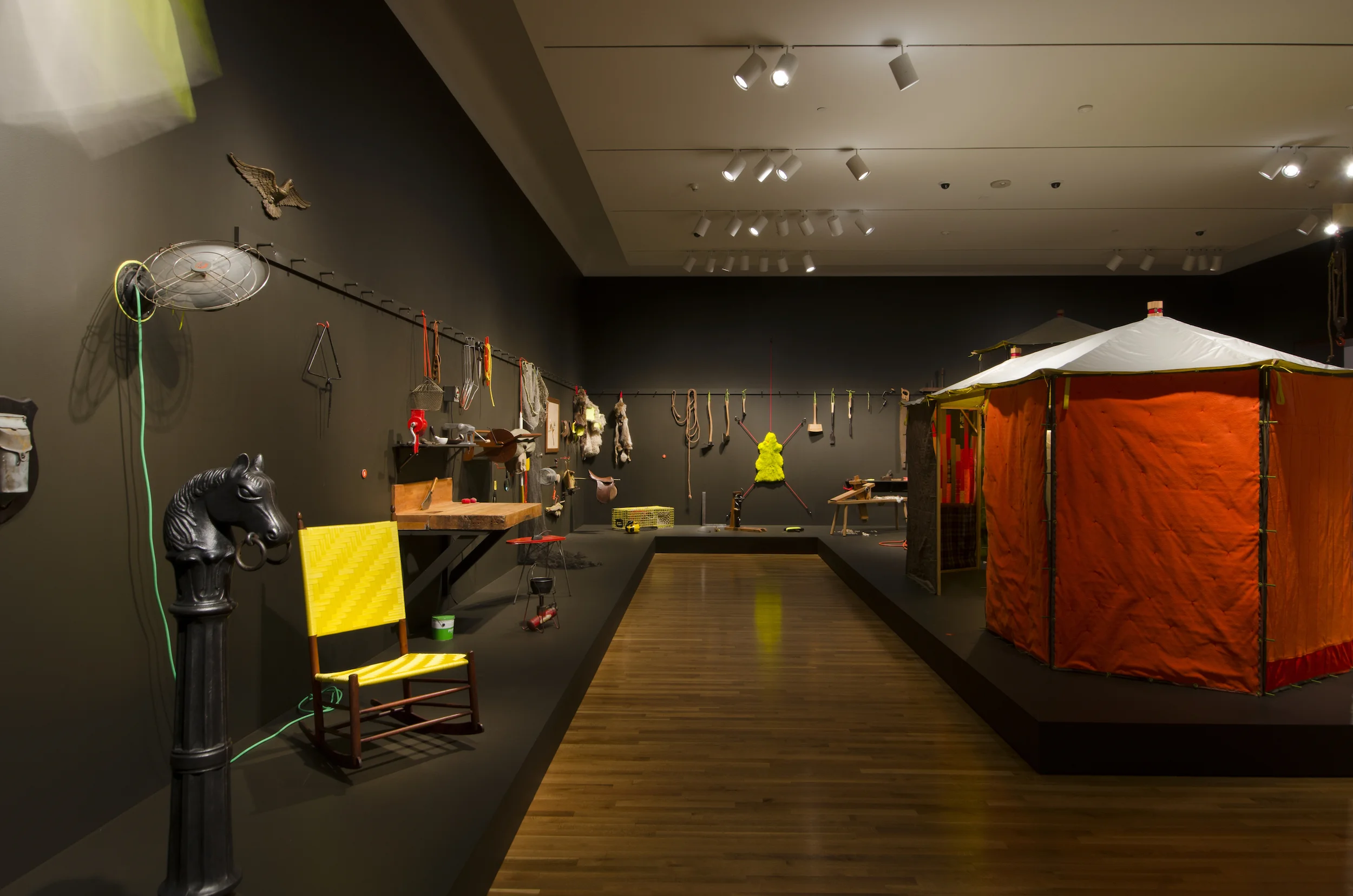  March 30, 2013  Currier Museum of Art, Manchester, NH   Materials:  hickory framing; linen, cotton and wool quilts; found, fabricated and altered materials   Photos:&nbsp;©CarolynBates.com  