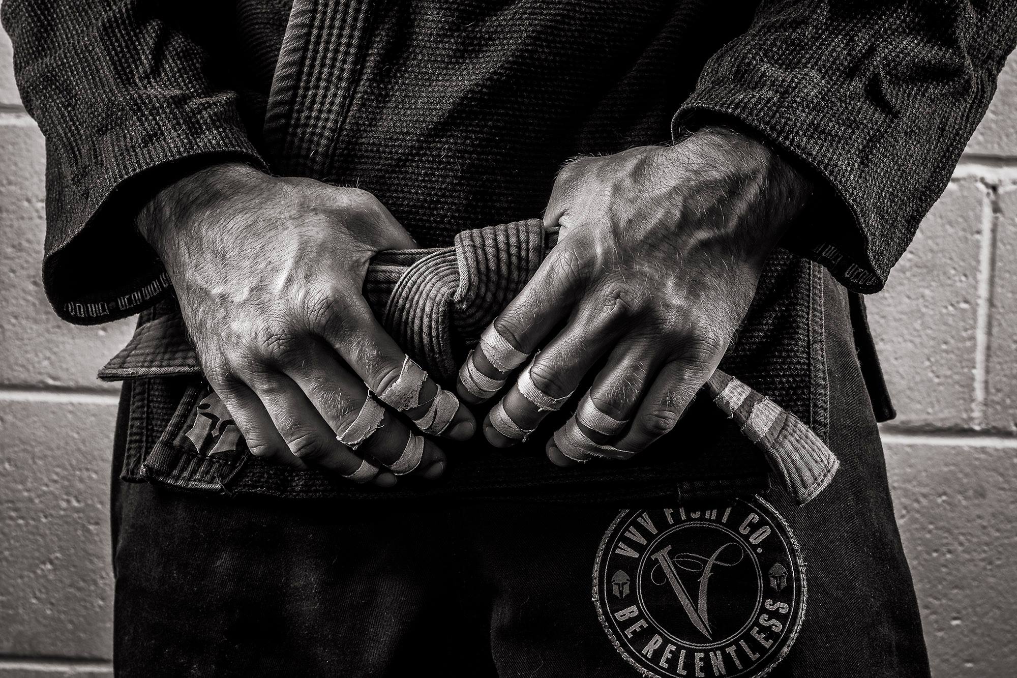 Closeup of Greg's hands and important tool in BJJ