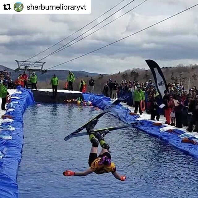 CAPTION THIS GIVEAWAY TIME ... to keep the pond skimming energy alive! 
From our friends at the @sherburnelibraryvt 
Unfortunately we can't enjoy pond skimming this year on the mountain. So, here's a great photo from past years to caption! Our favori