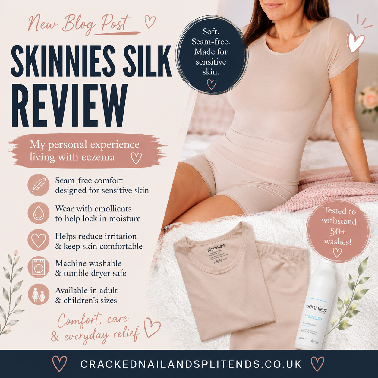 Skinnies Silk review graphic featuring seamless clothing for sensitive and eczema prone skin, with a soft vest, shorts and Skinnies Laundry product alongside key features and personal eczema review details.