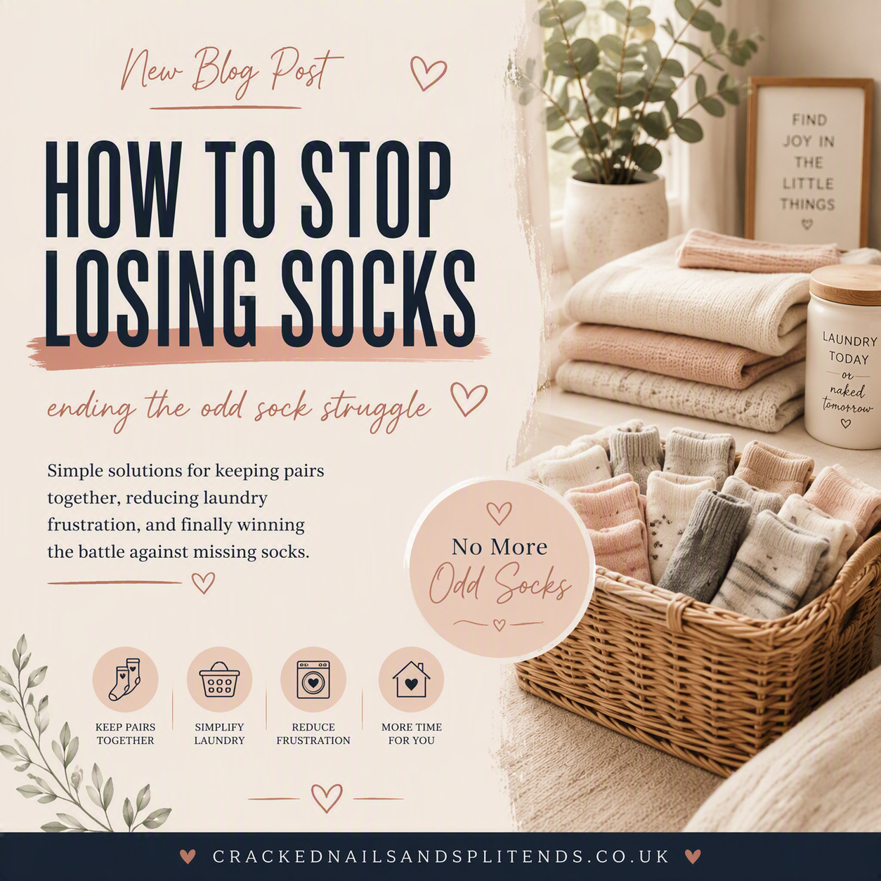 How to Stop Losing Socks blog graphic with paired socks in a laundry basket and tips to prevent missing socks.