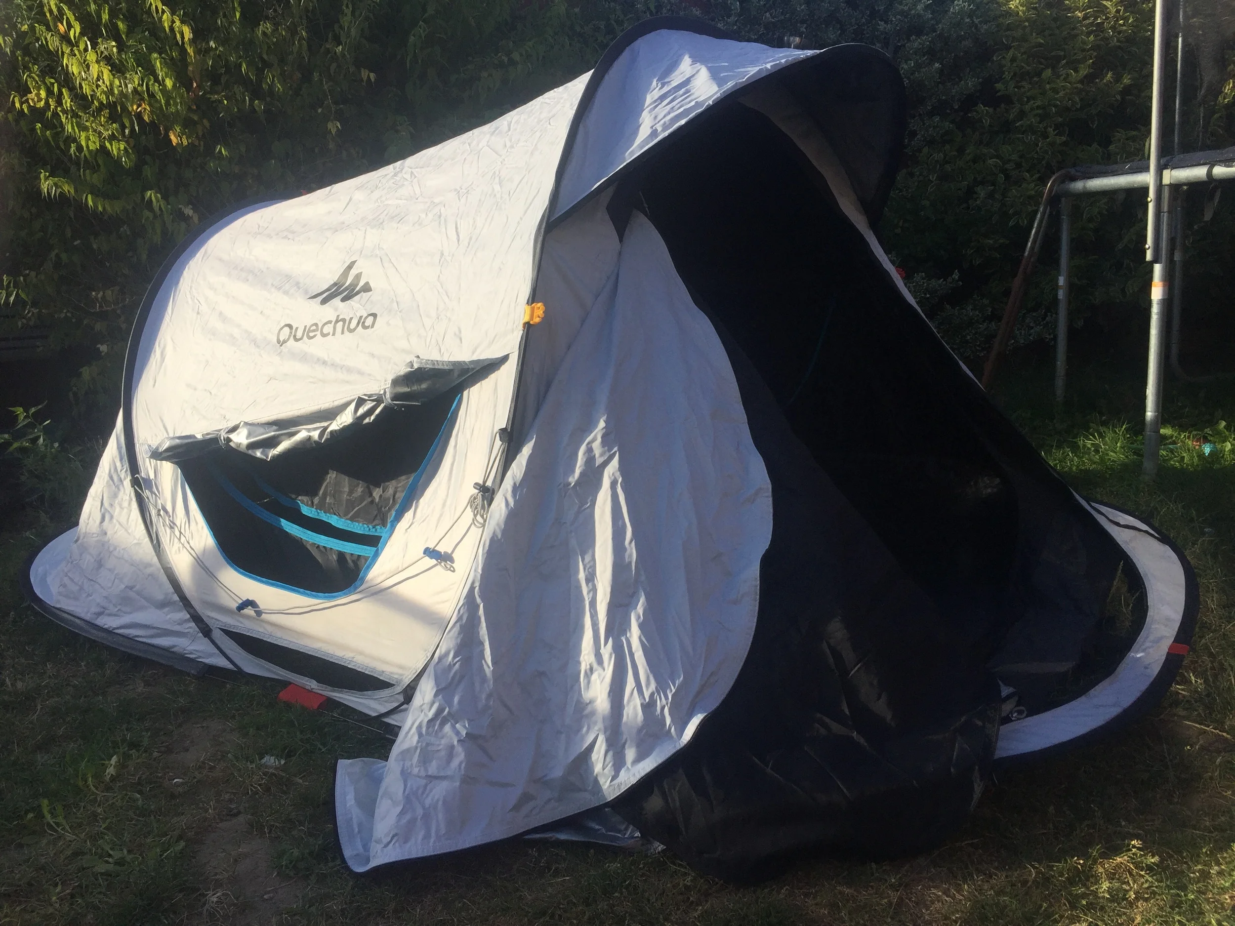 My oldest son and his friends will pack up, jump on the train and head off and wild camp, they do it now and then, and normally cram into one tent. So when we were invited to review the Quechea 2 Seconds Easy II Fresh & Black pop up tent, I knew it would be perfect for my son.