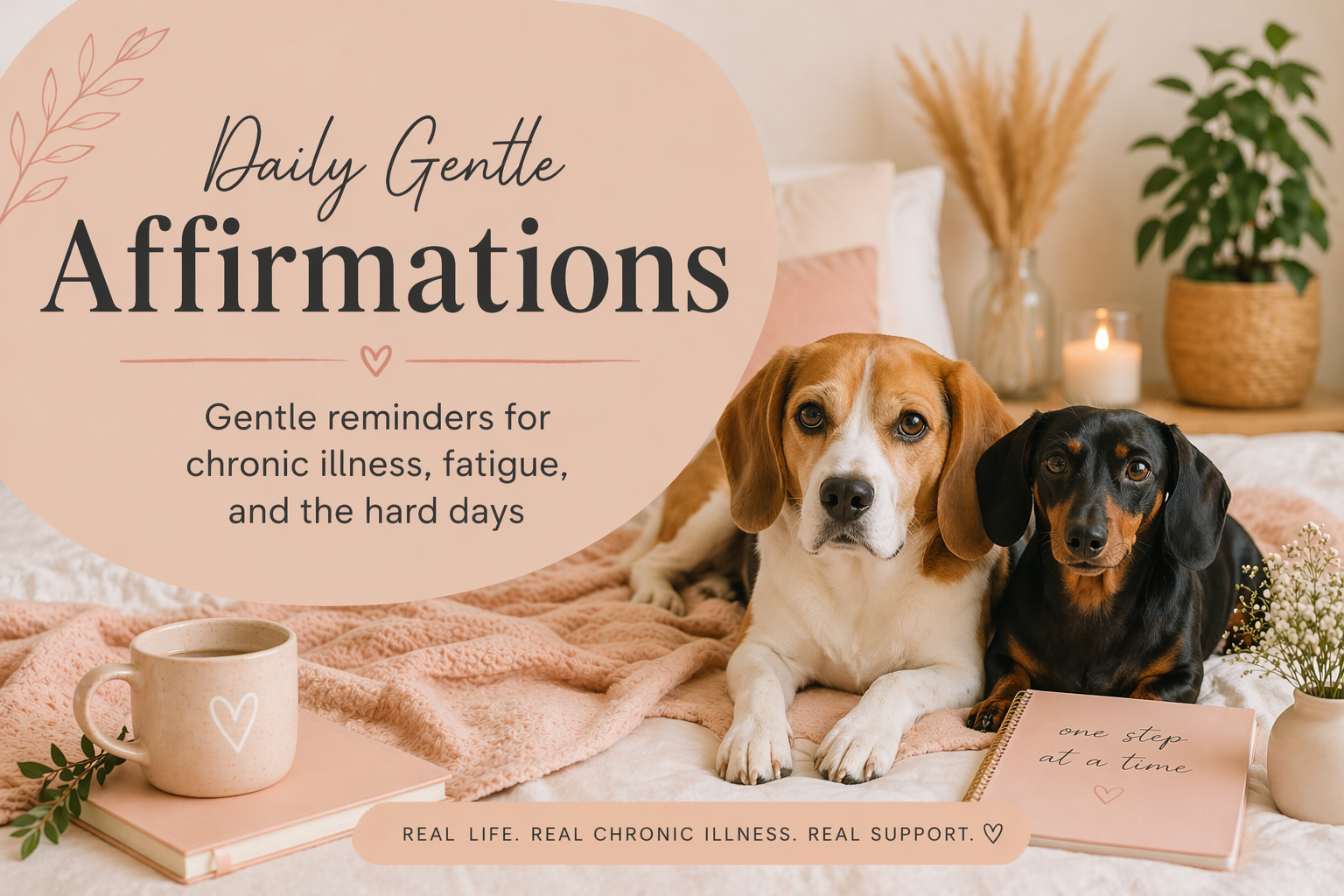 Beagle and black and tan mini dachshund resting on a bed beside a notebook and candle, with text overlay reading daily gentle affirmations for chronic illness and fatigue
