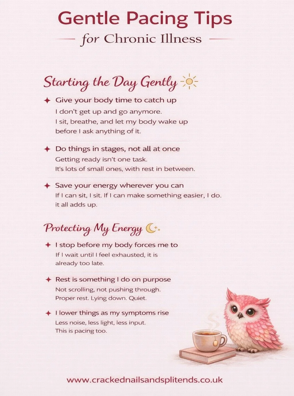 Pacing is something I am still learning every single day.

Not perfectly. Not consistently. But gently.

These are some of the small things that help me manage my energy with ME CFS and fibromyalgia. The kind of things that don&rsquo;t look like much