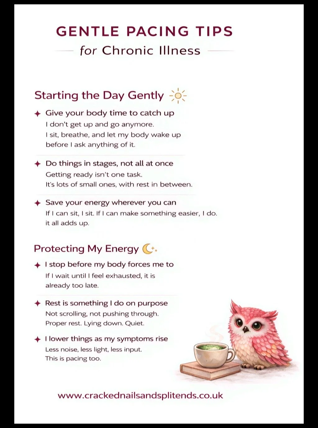 Pacing is something I am still learning every single day.

Not perfectly. Not consistently. But gently.

These are some of the small things that help me manage my energy with ME CFS and fibromyalgia. The kind of things that don&rsquo;t look like much