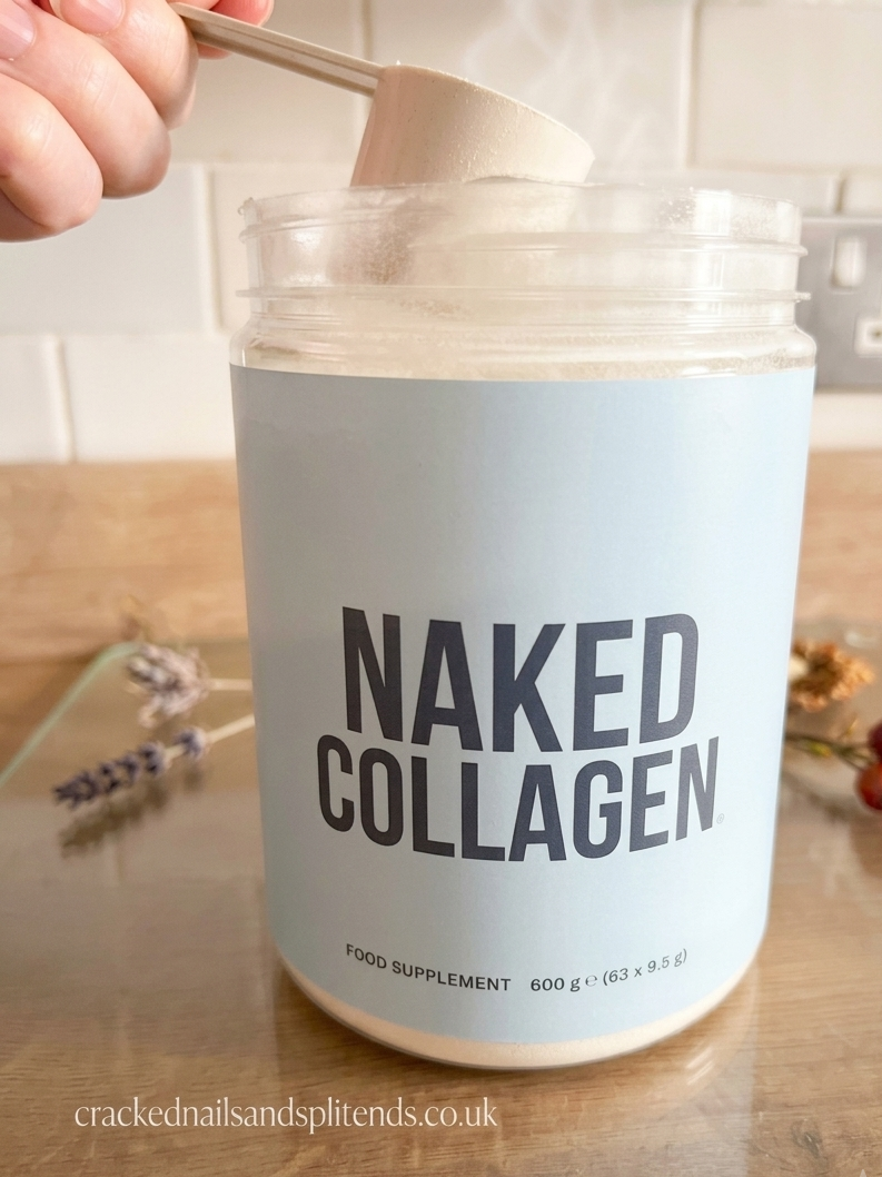 Tub of Naked Collagen Peptides Powder alongside a coffee mug and collagen supplement review notes.