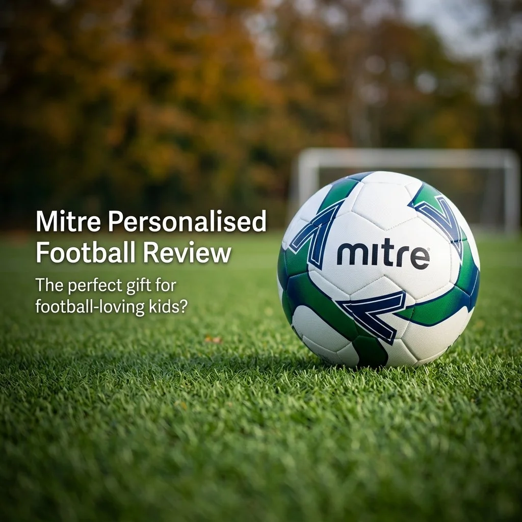 Personalised Mitre football with the name Jacob printed on it, photographed outdoors on a woodland floor during a product review.